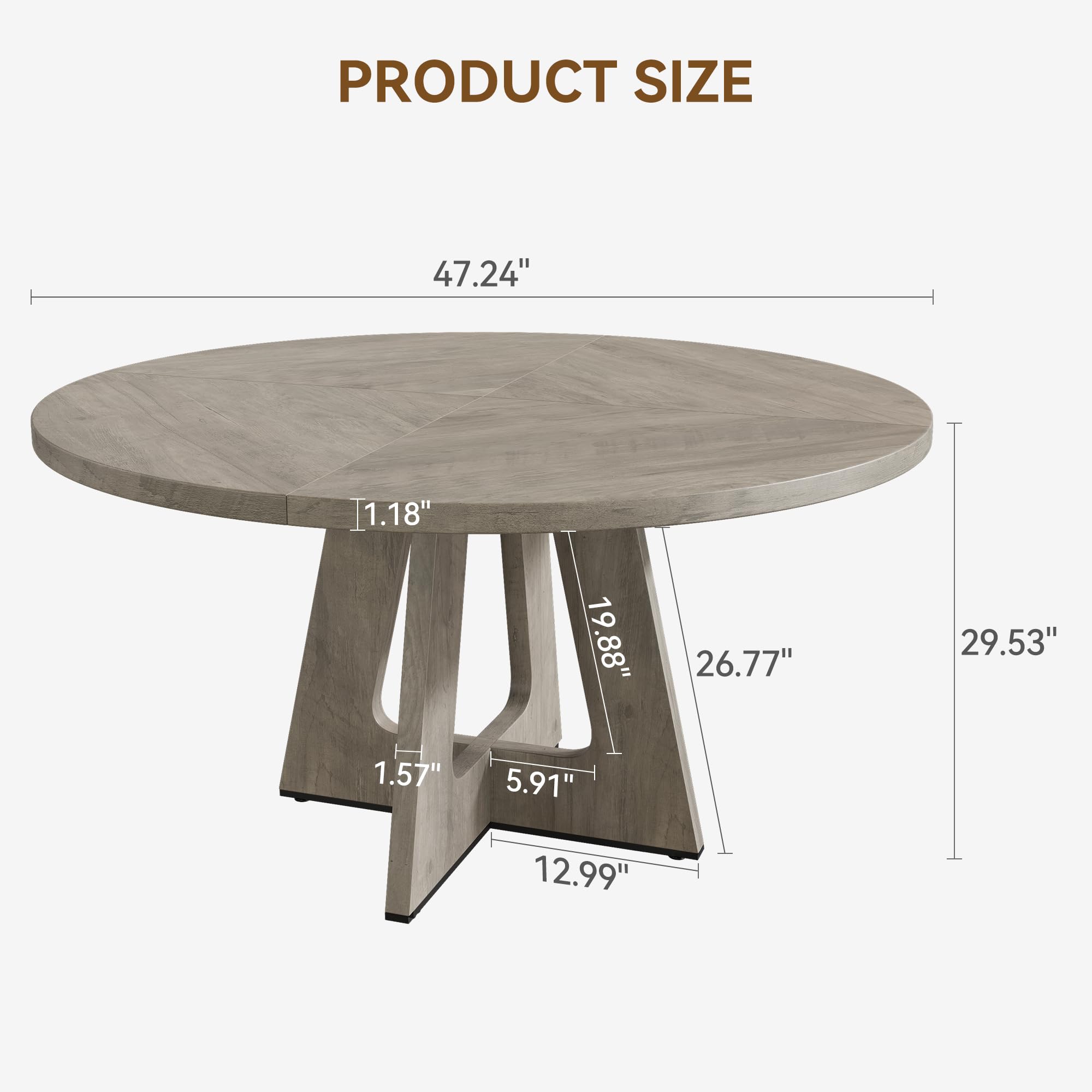 IDEALHOUSE 47" Round Dining Table Set for 4 to 6, Farmhouse Kitchen Table with Wooden Top and Pedestal Base, Circle Dinner Table for Dining Room, Kitchen Room - Grey (No Chairs)