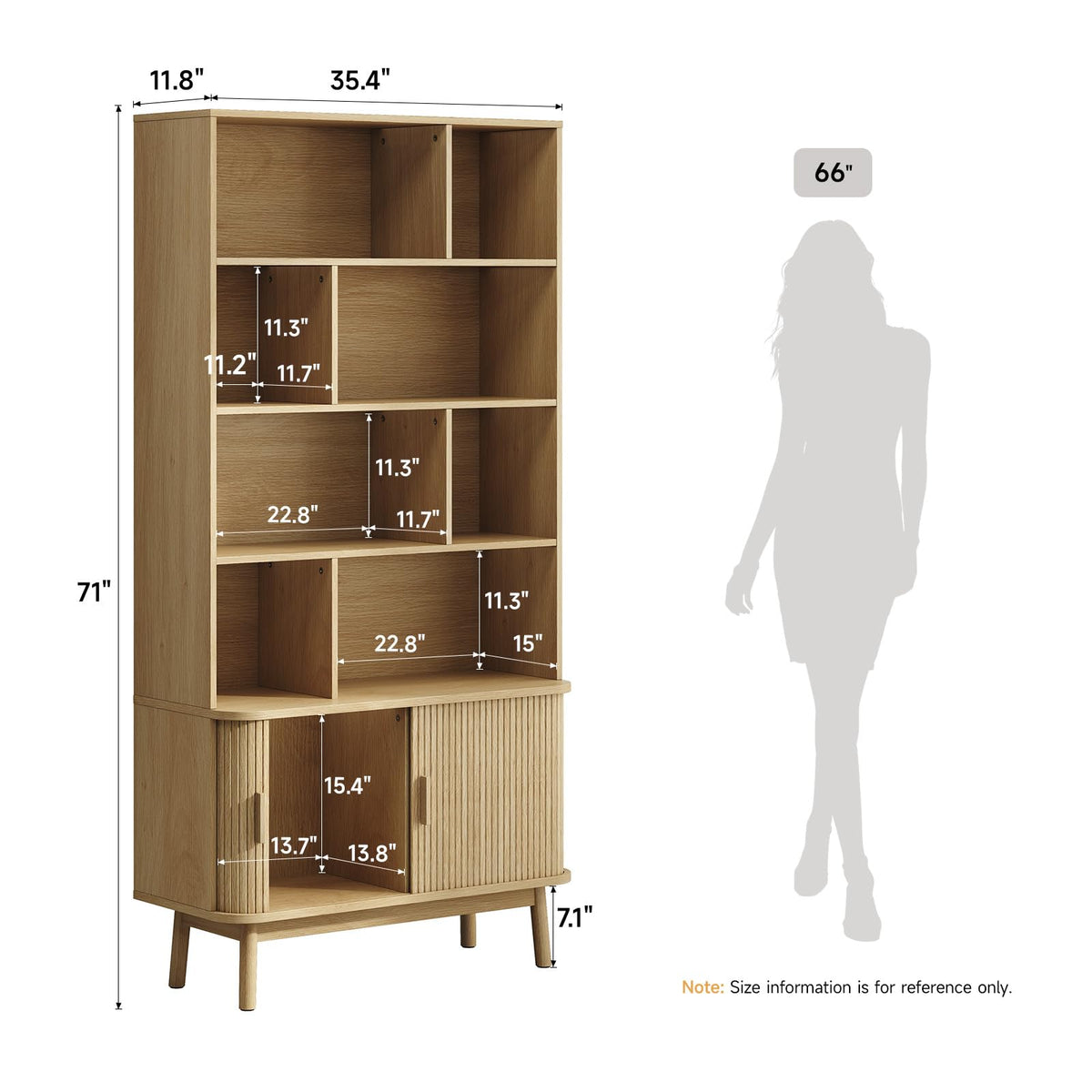 ONBRILL 71" Tall 8-Cube Bookshelf, 35.4" Wide Bookcase with Door, Oak