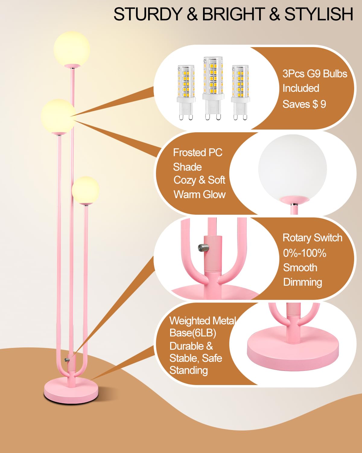 ACOHOOK 63IN 3-Light Dimmable Pink Floor Lamp, Unique Tall Standing Lamps with 3000K G9 Bulbs for Reading, Mid Century Modern Floor Lamp with 5Lbs Heavy Base for Living Room Bedroom Office