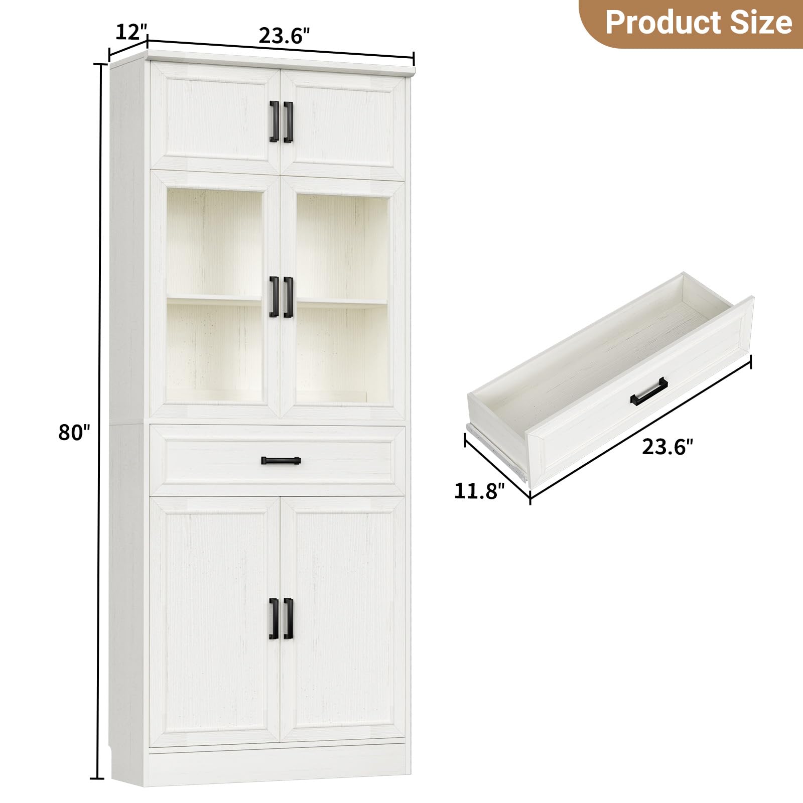 Tall Kitchen Pantry Storage Cabinet with Glass Doors