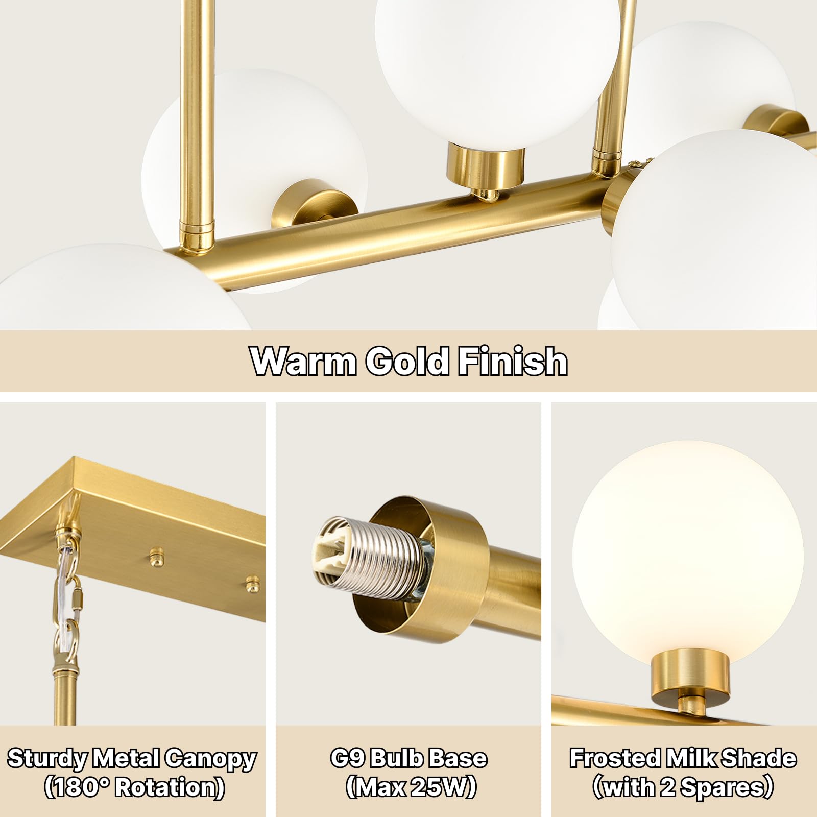 EGM 55" L Gold Linear Chandelier, 16-Light Bubble Chandeliers for Dining Room Foyer, Modern Sputnik Light Fixture with Milk White Glass Lampshades, Extra Large Kitchen Island Chandeliers Over Table