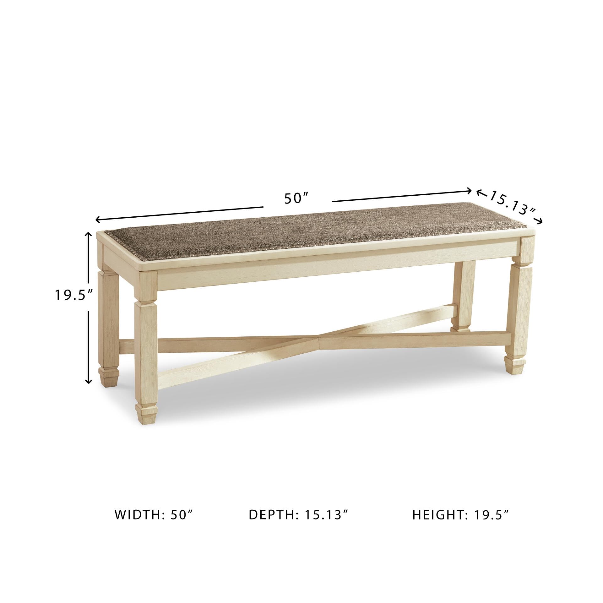 Signature Design by Ashley Bolanburg Casual French Country Upholstered Dining Room Bench with Nailhead Trim, Heavy Woven Fabric, Wood, Antique White & Tan