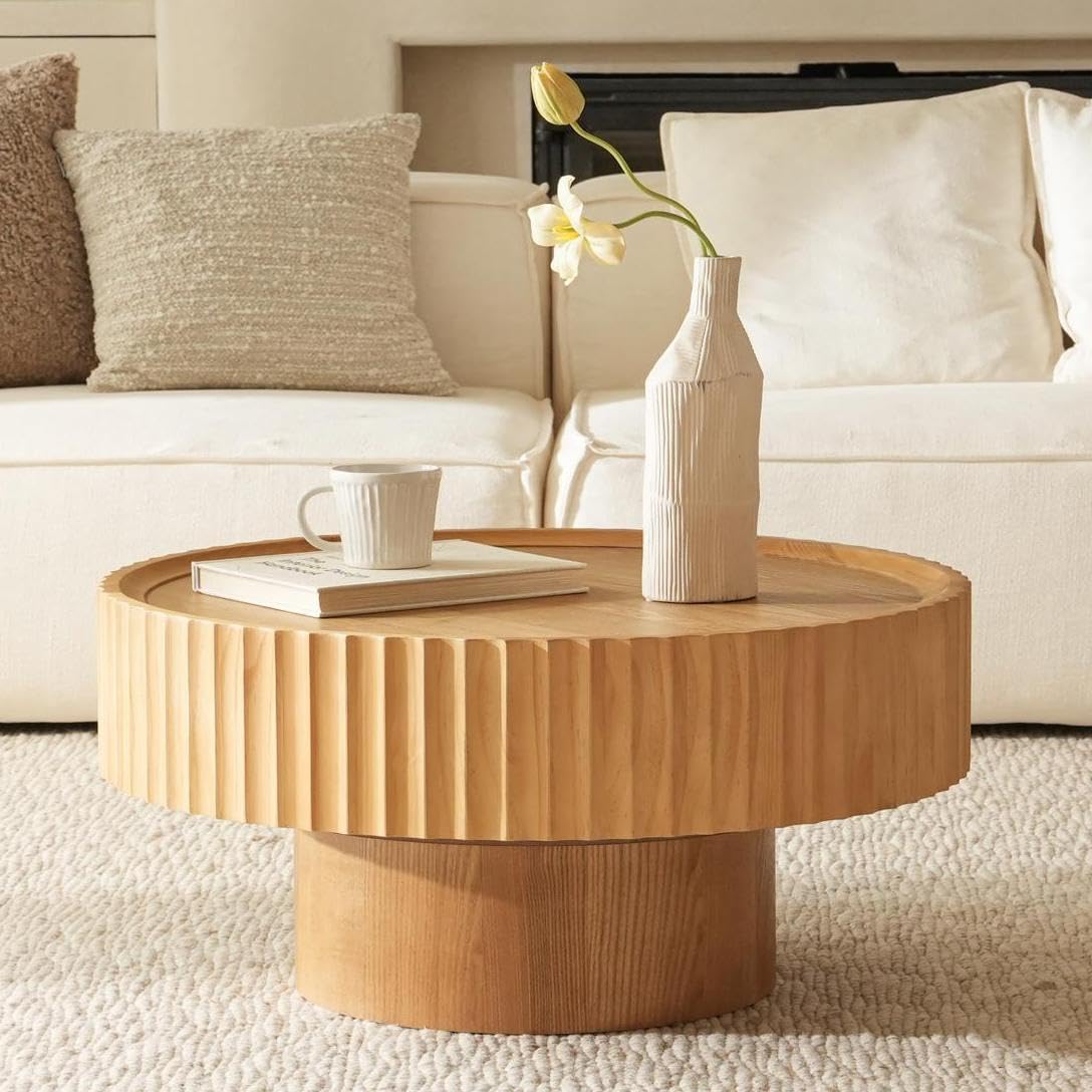 Veihaus Round Coffee Table, 31.8” Coffee Table with Storage, Fluted Drum Modern Living Room Table, Mushroom Shape Wood Center Tables, Coffee Tables for Living Room(31.8''L×13.7''H,Nature Wood)