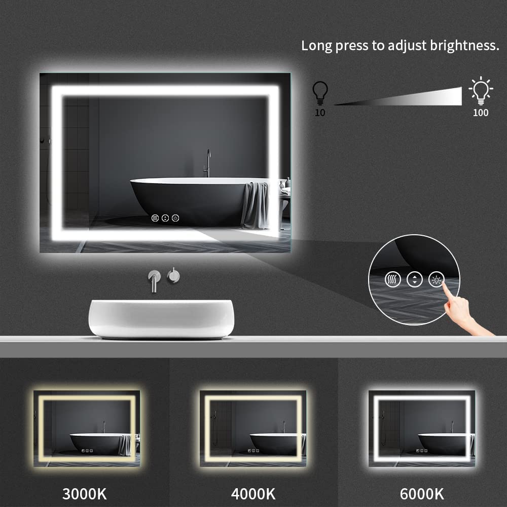 40x32 LED Bathroom Mirror with Front & Backlit, Anti-Fog & Dimmer