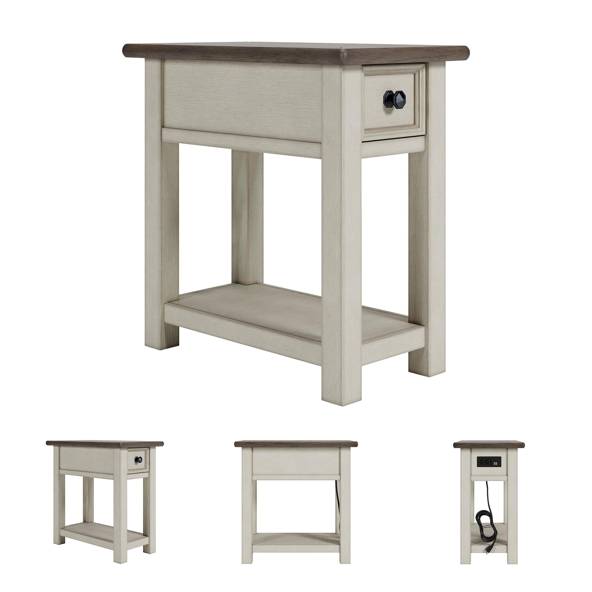 Farmhouse Chairside End Table with Charging Station & Drawer