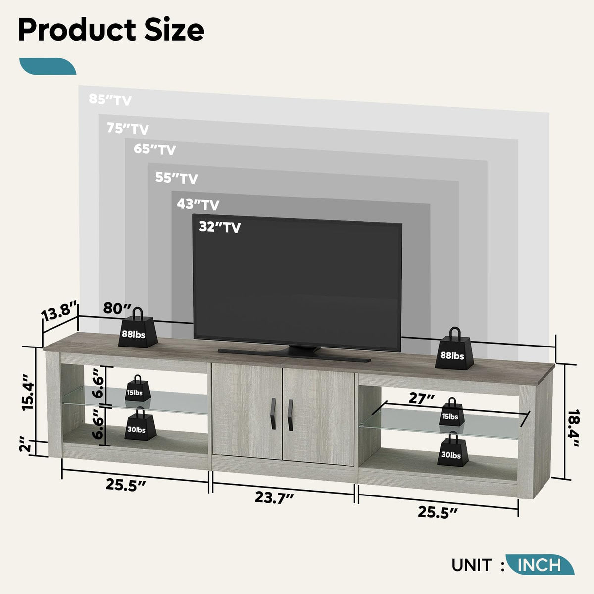 Bestier 80 Inch TV Stand for 75/77/85/86 inch TVs, LED Gaming Entertainment Center for PS5 with Storage Cabinet &Adjustable Glass Shelves, Modern TV Console Table for Living Room Bedroom, Wash White