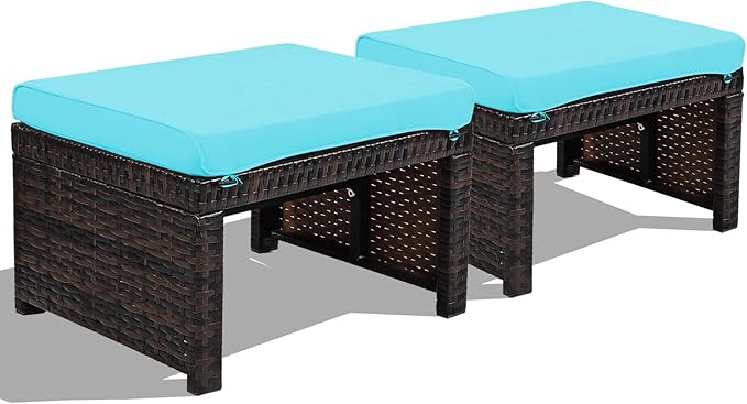 2-Piece Outdoor Rattan Ottoman Set with Cushions
