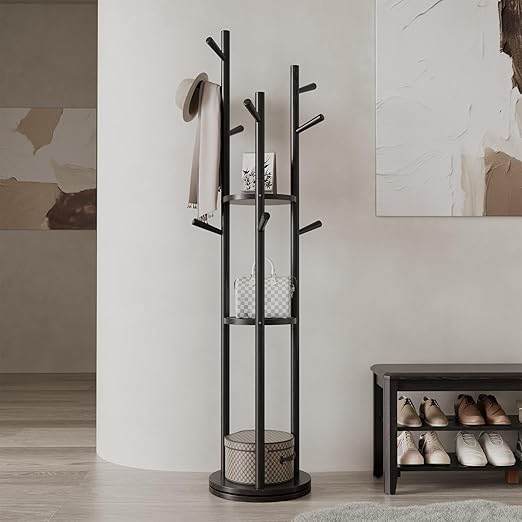 Rotating Freestanding Coat Rack with 3 Shelves & 9 Hooks