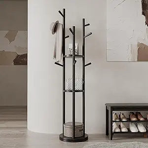 Rotating Wood Coat Rack with Shelves & Hooks