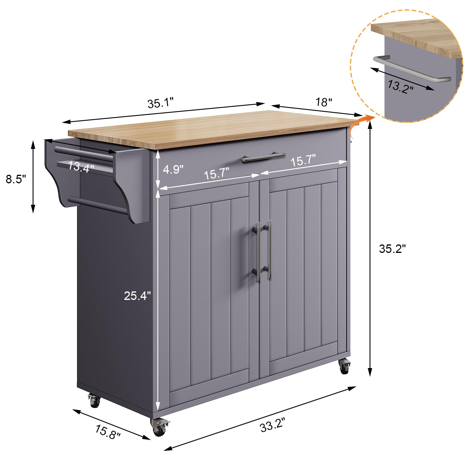 Soscana Wood Kitchen Island with Storage, Wooden Rolling Kitchen Island On Wheels with Countertop, Mobile Kitchen Island Cart with Towel Rack, Spice Rack, Adjustable Shelf and Drawers, Grey