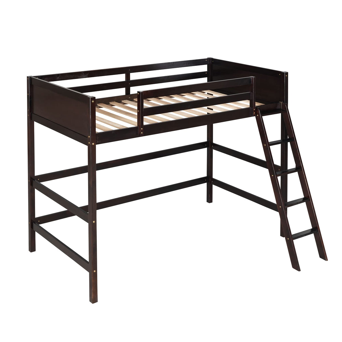 SOFTSEA Twin Size Loft Bed for Teens Adults, Solid Wood High Loft Bed Frame with Safety Rails & Ladder, Espresso
