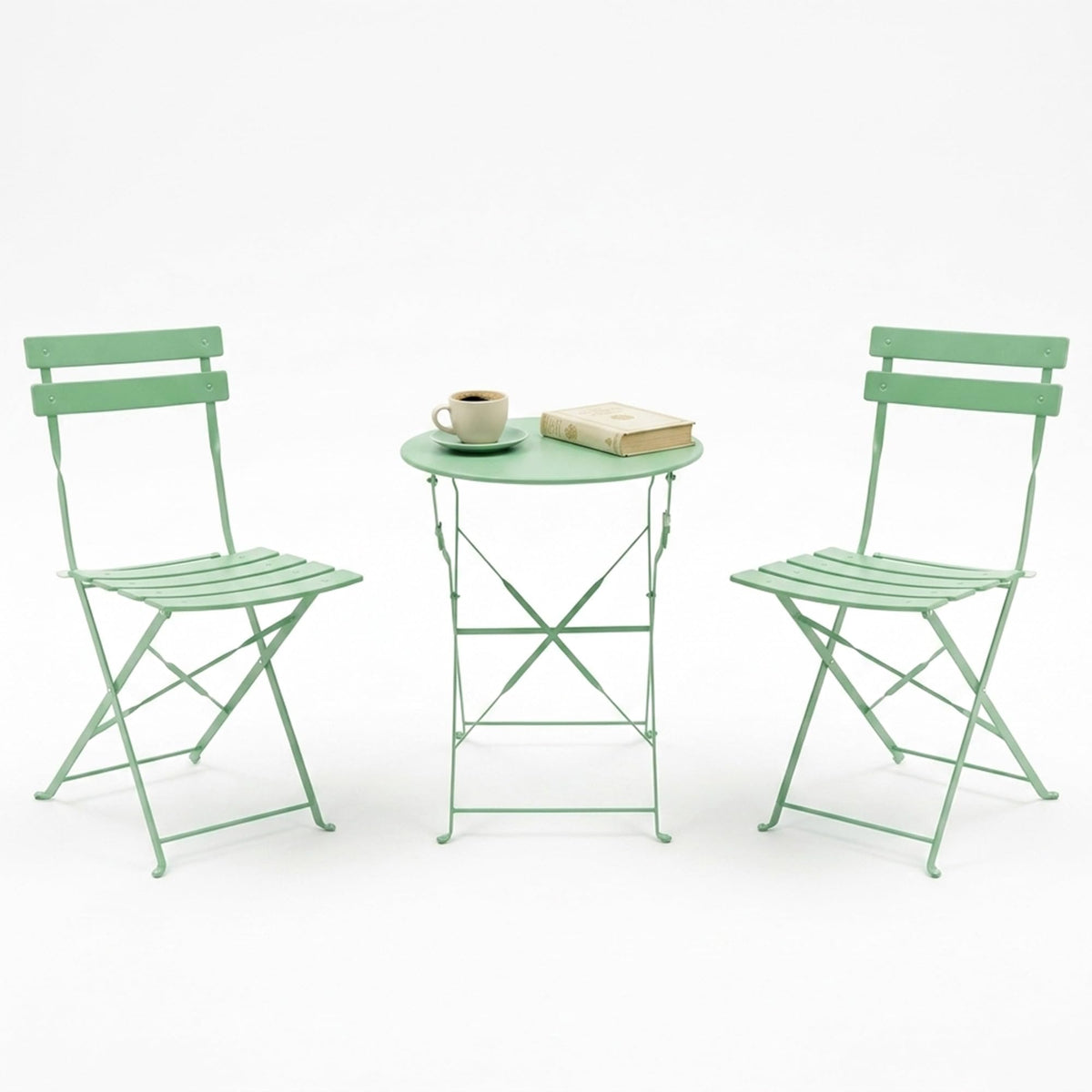 Bistro Table and Chairs Set of 2, 3 Piece Folding Patio Bistro Set, Weather-Resistant Steel Frame, No Assembly Needed, Indoor & Outdoor Patio Furniture Set for Garden, Yard, Balcony, Green