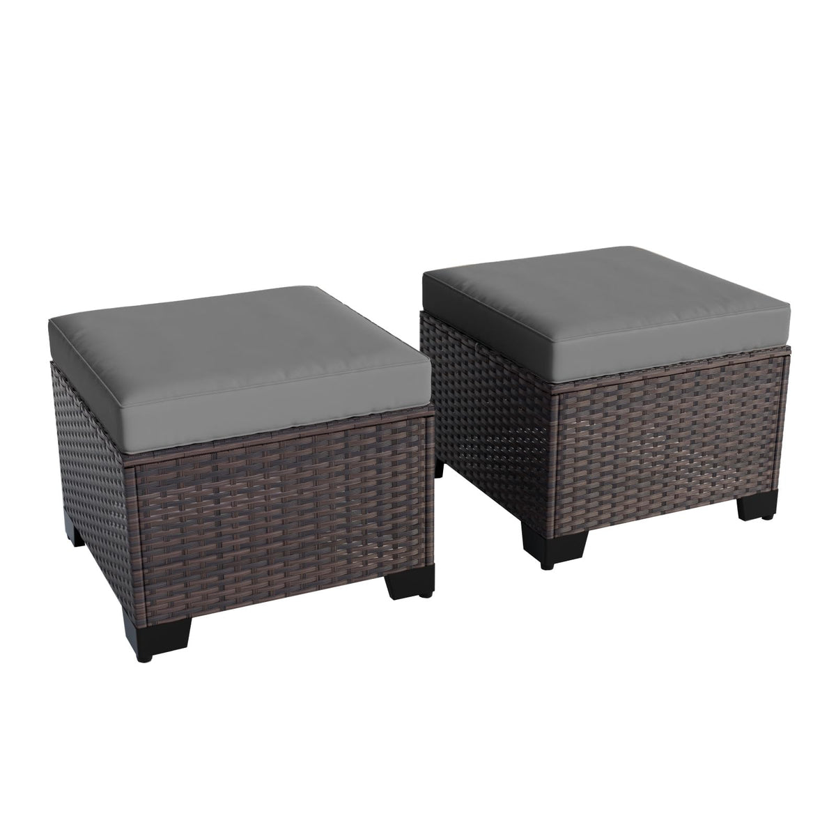 Grey Wicker Patio Ottomans, Set of 2