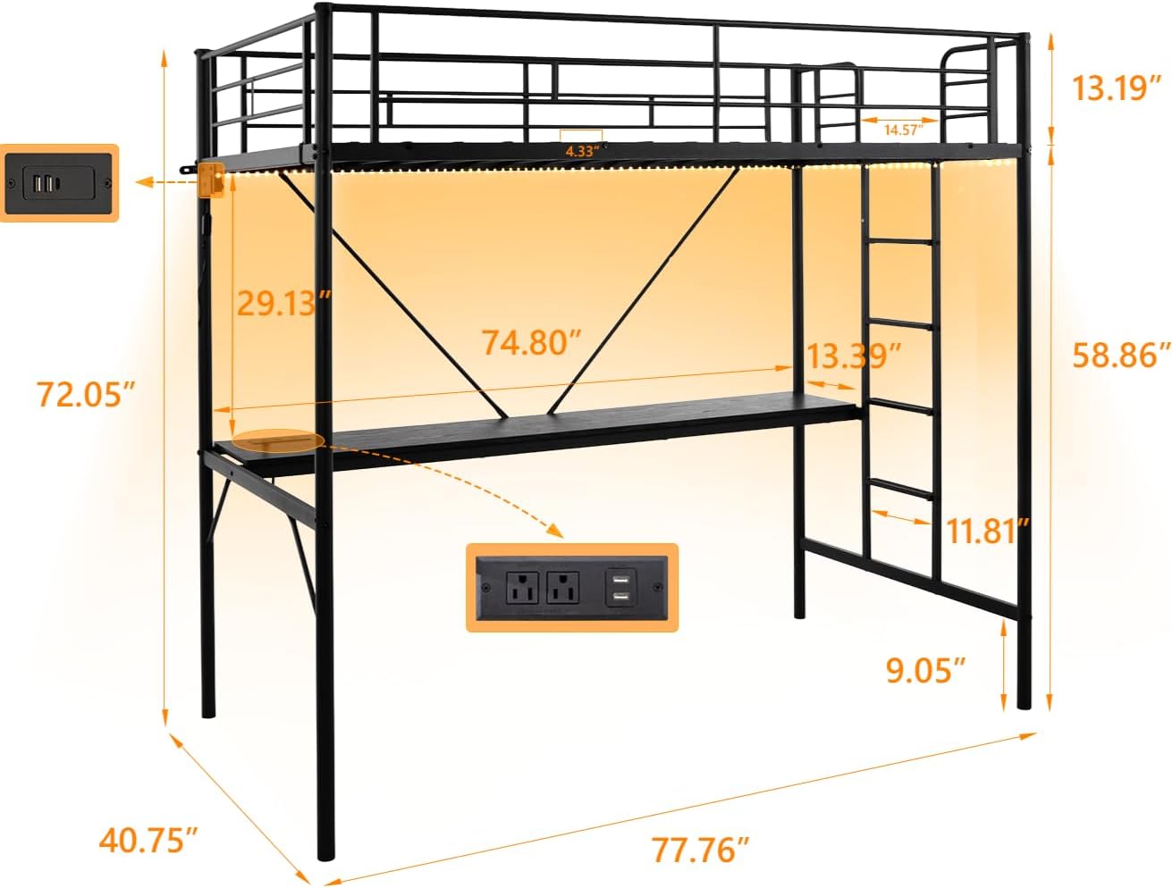 Metal Loft Bunk Bed with Desk, LED Lights & Charging Station