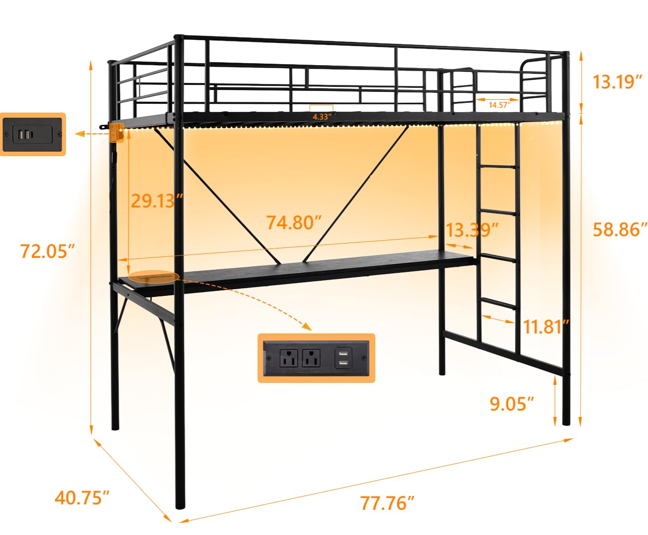 Metal Loft Bunk Bed with Desk, LED Lights & Charging Station
