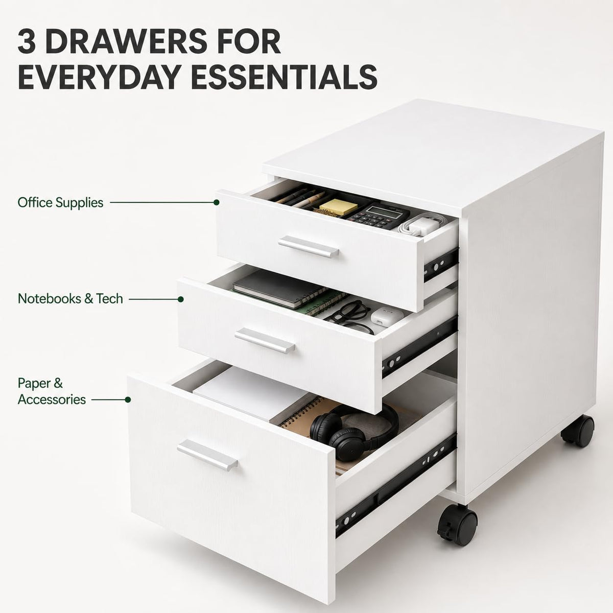 3 Drawer White Preassembled Wooden Under Desk Mobile Printer Stand