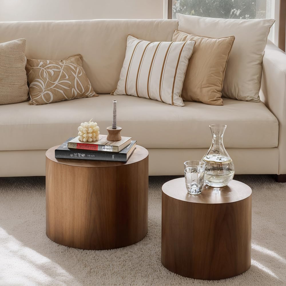 Nesting Coffee Table Set of 2 – Round Accent Tables with Non-Slip Feet