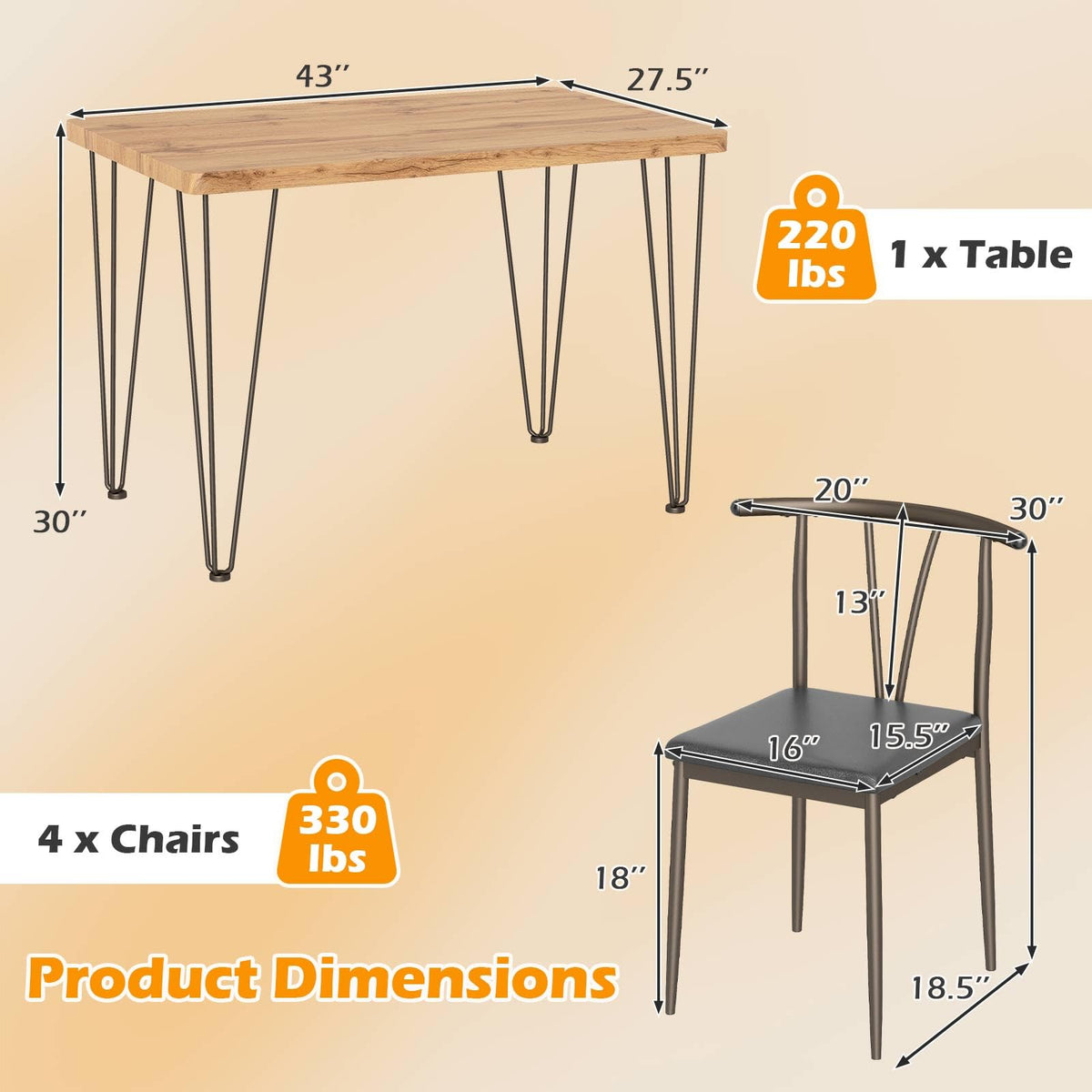 GIANTEX 5-Piece Dining Table Set, 43-Inches Rectangular Kitchen Table & 4 Armless Chairs with Upholstered Seat, Spindle Back, Metal Frame, Dinette Set for Small Space, Living Room (Oak+Black)