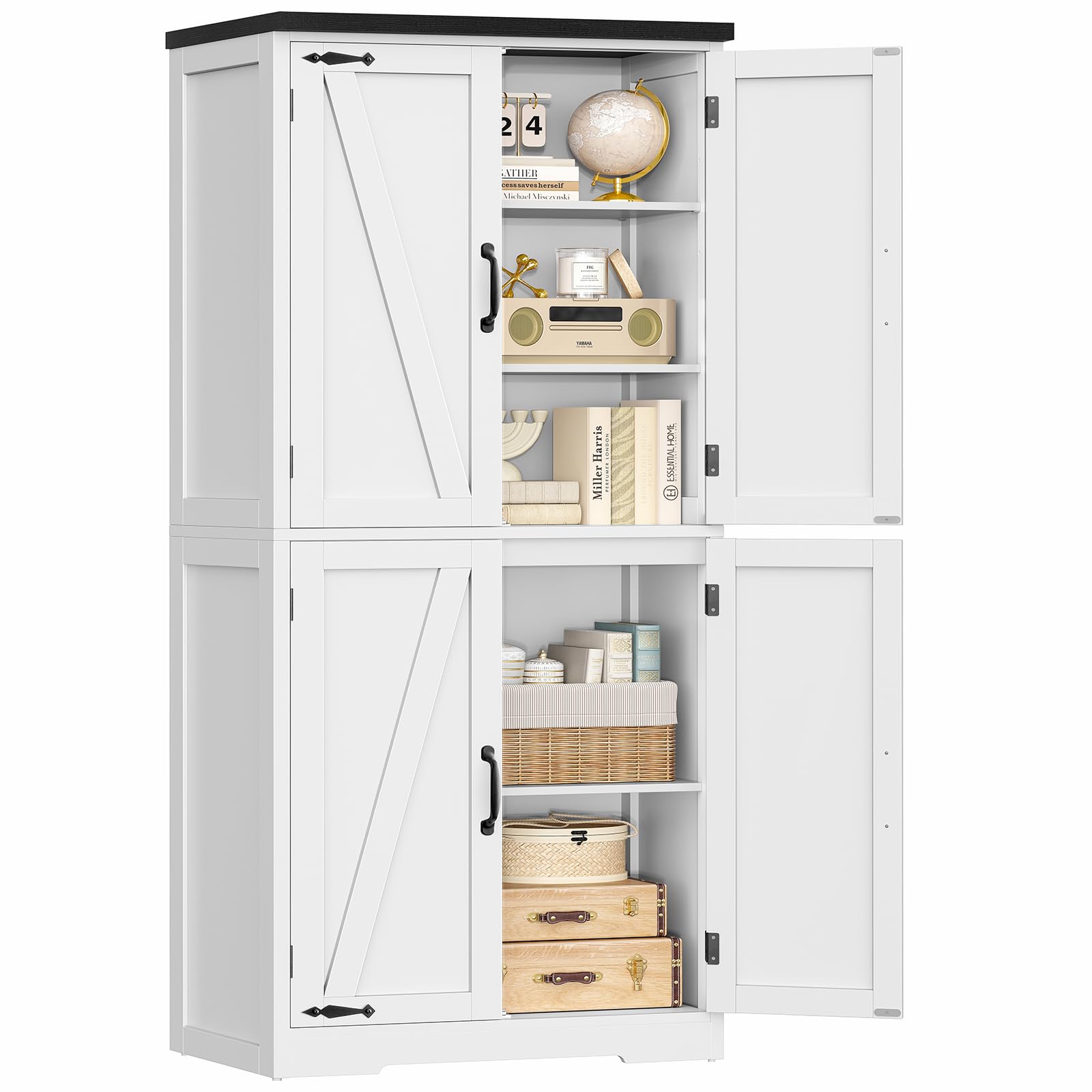 TEENFON 58" H Storage Cabinet with Adjustable Shelf, Farmhouse Kitchen Pantry Cabinet, Bathroom Cabinet with 4 Doors, Cupboard for Kitchen, Bathroom, Living Room, White