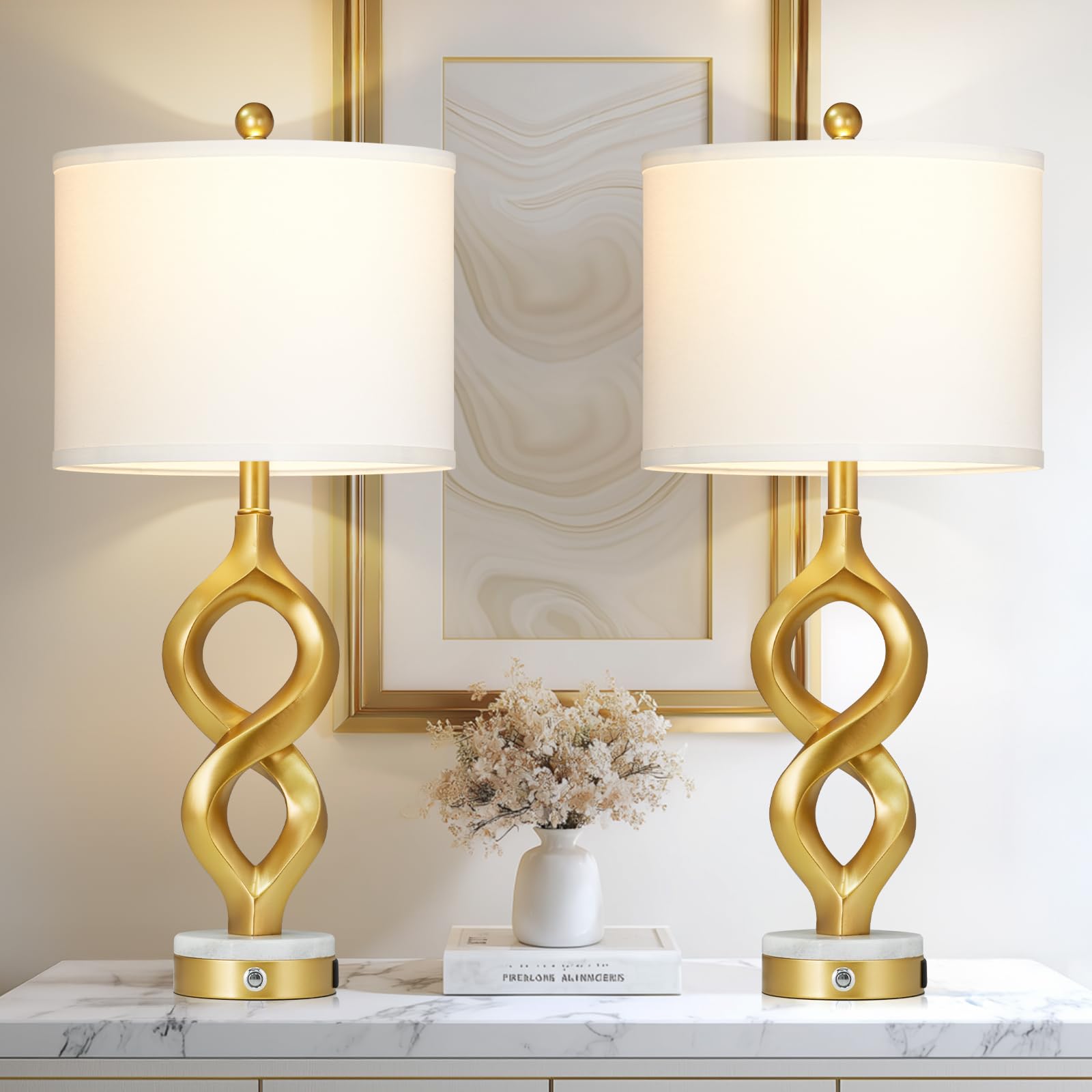 Rinweey White and Gold Table Lamps Set of 2 for Living Room, 30" Tall Touch Control Bedside Lamps for Bedroom Nightstand, 3-Way Dimmable Modern Decorative Table Lamp with USB A+C Ports and 2 LED Bulbs