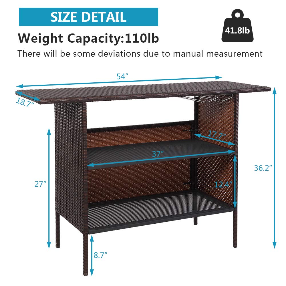 VINGLI Wicker Outdoor Bar Table with 2 Steel Shelves, Sets of Rails, Rattan Patio Storage for Backyard, Poolside, Garden