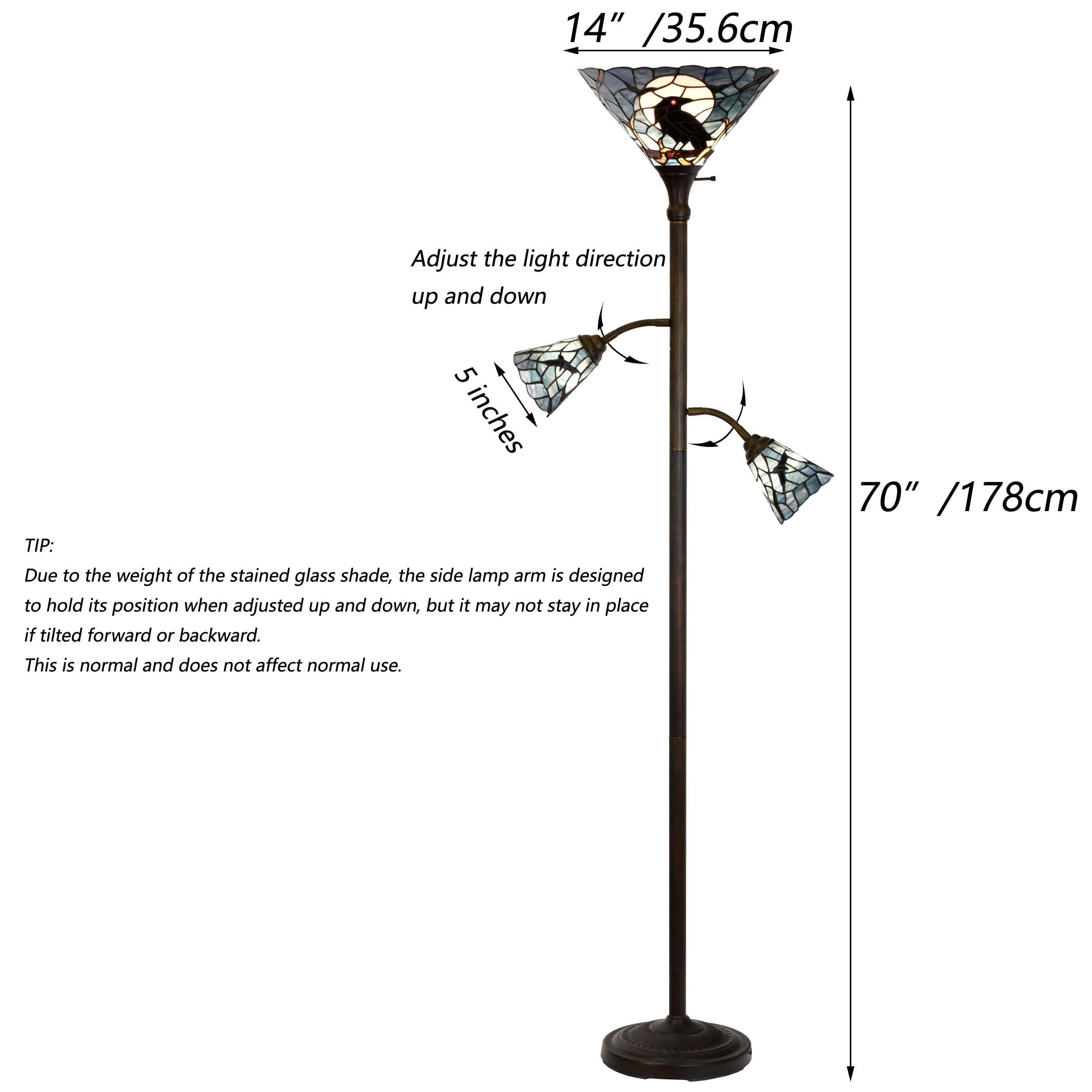 Bieye L10957 Raven Sitting on Bare Tree Branch in Full Moon Night Tiffany Style Stained Glass Torchiere Floor Lamp with Sidelights for Reading Home Decor, 70-inches Tall (Dark Blue)