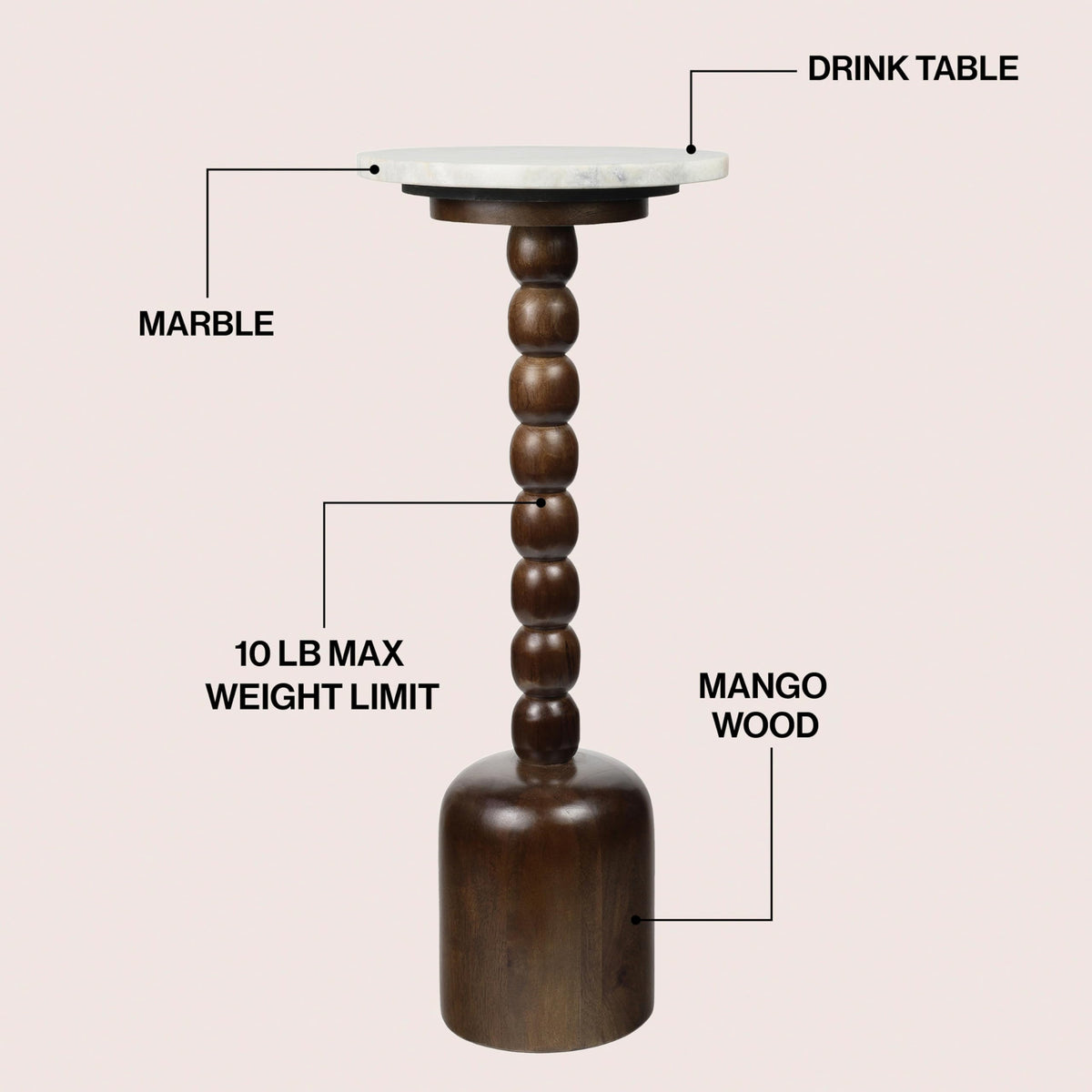 JONATHAN Y Turner 24.5" Round Marble Mango Wood Drink Table, Dark Brown