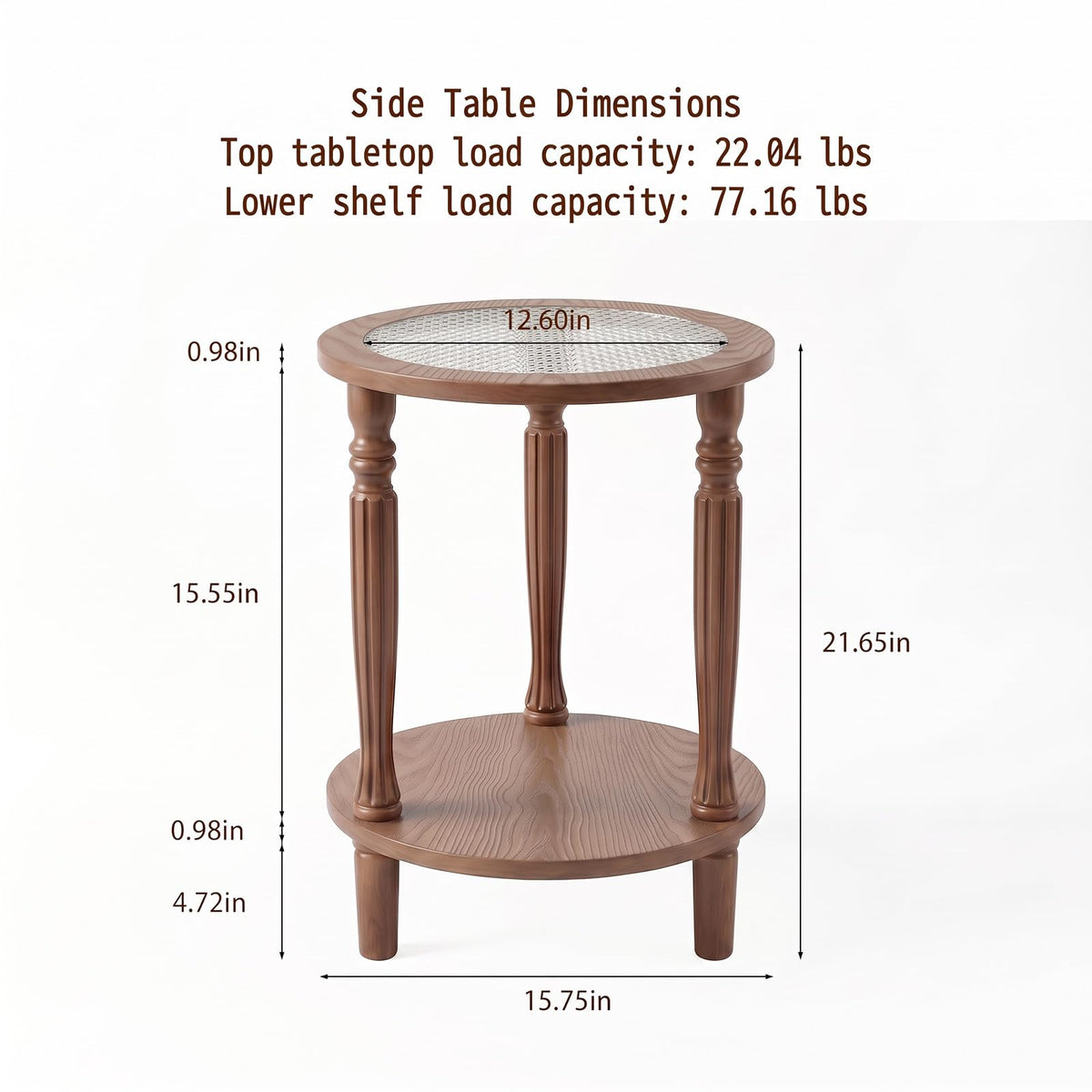Huquczm Walnut Brown Round 2‑Tier French Vintage End Table with Glass