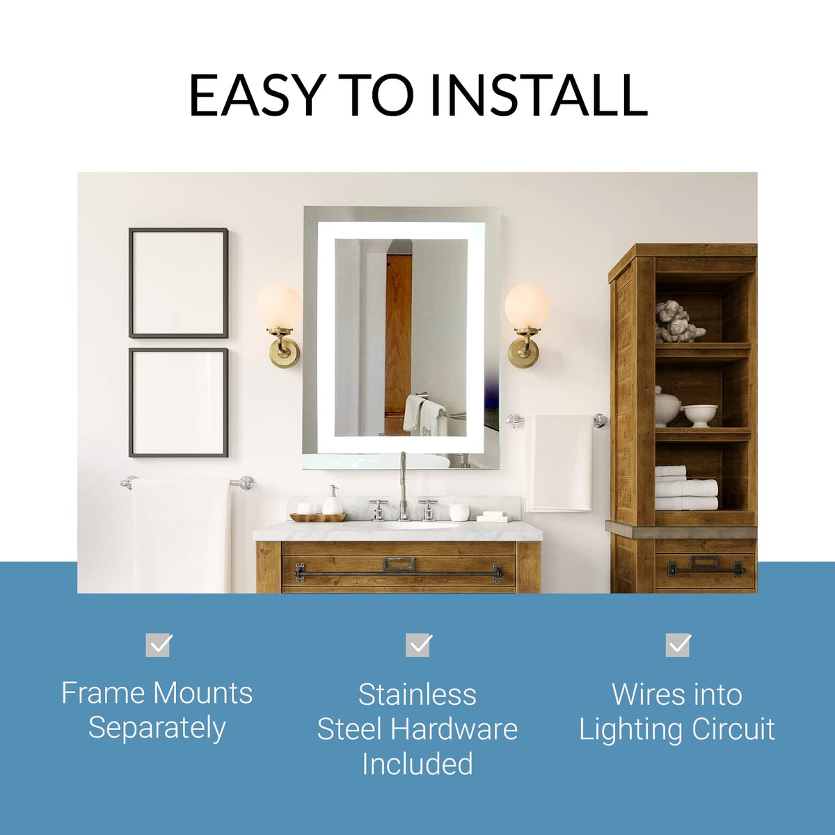 Mirrors & Marble Rectangle LED Vanity Mirror (36" x 36"), Front Lighted Modern Anti Fog Glass for Bathroom, Bedroom, Wall Mounting Home Décor Glass for Over Sink Bathroom, Entryway