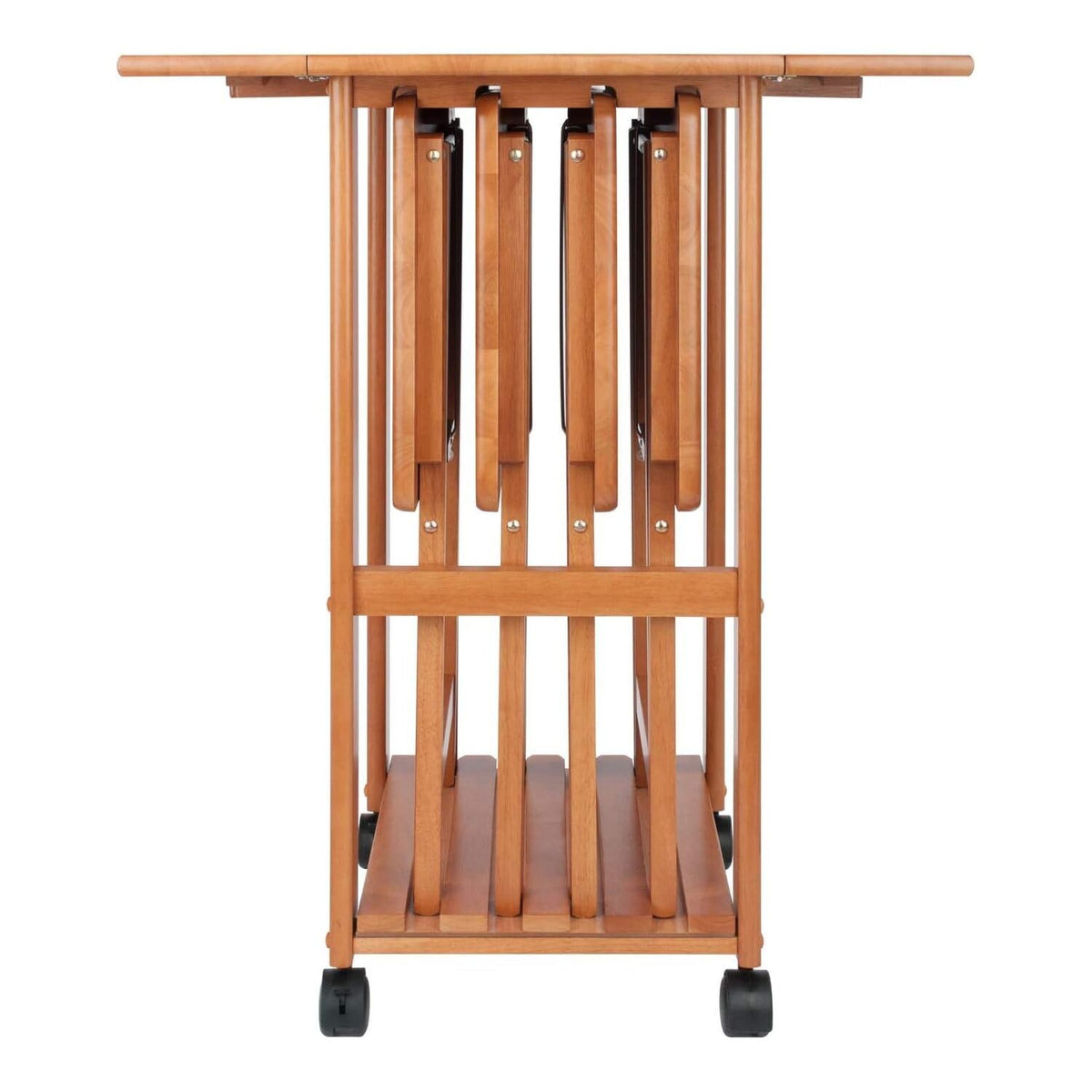 HomeStock 5-Piece Snack Table Set with Double Drop-Leaf Storage Table, 4 Folding Snack Tables, Grooved Slots, Solid Wood Design, and Rolling Casters Teak