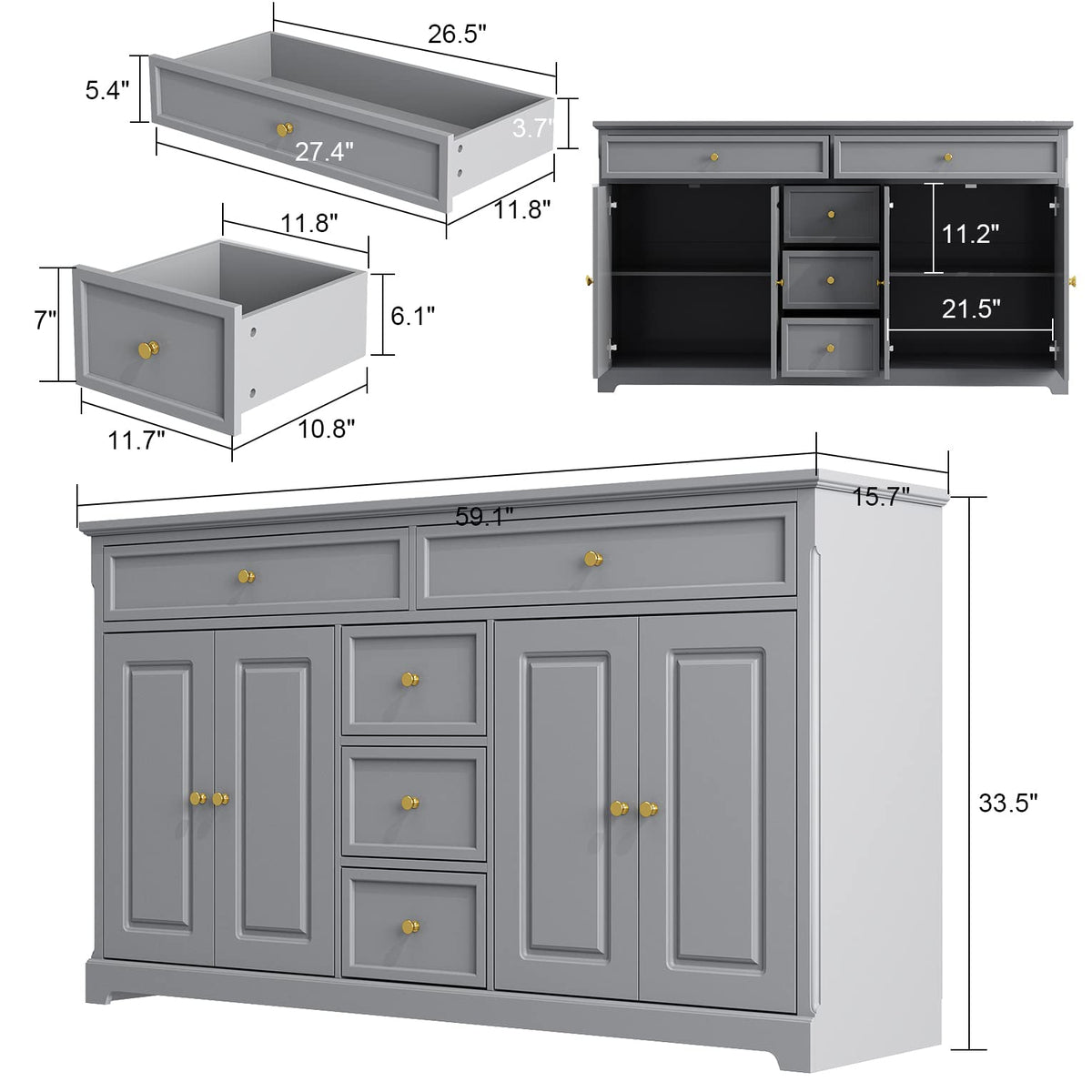 AIEGLE Grey Kitchen Sideboard Buffet Cabinet with 4 Doors & 5 Drawers, 59.1" W Large Storage Cabinet Console Table Entryway Cupboard, Wood Buffet Server Bar for Dining Living Room