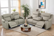 Netpane Breathable Leather Power Recliner Sofa Set with LED, Power Reclining Sofa and Loveseat Set with Adjustable Headrest/Wireless Charger/Storage Console for Living Room (Grey)