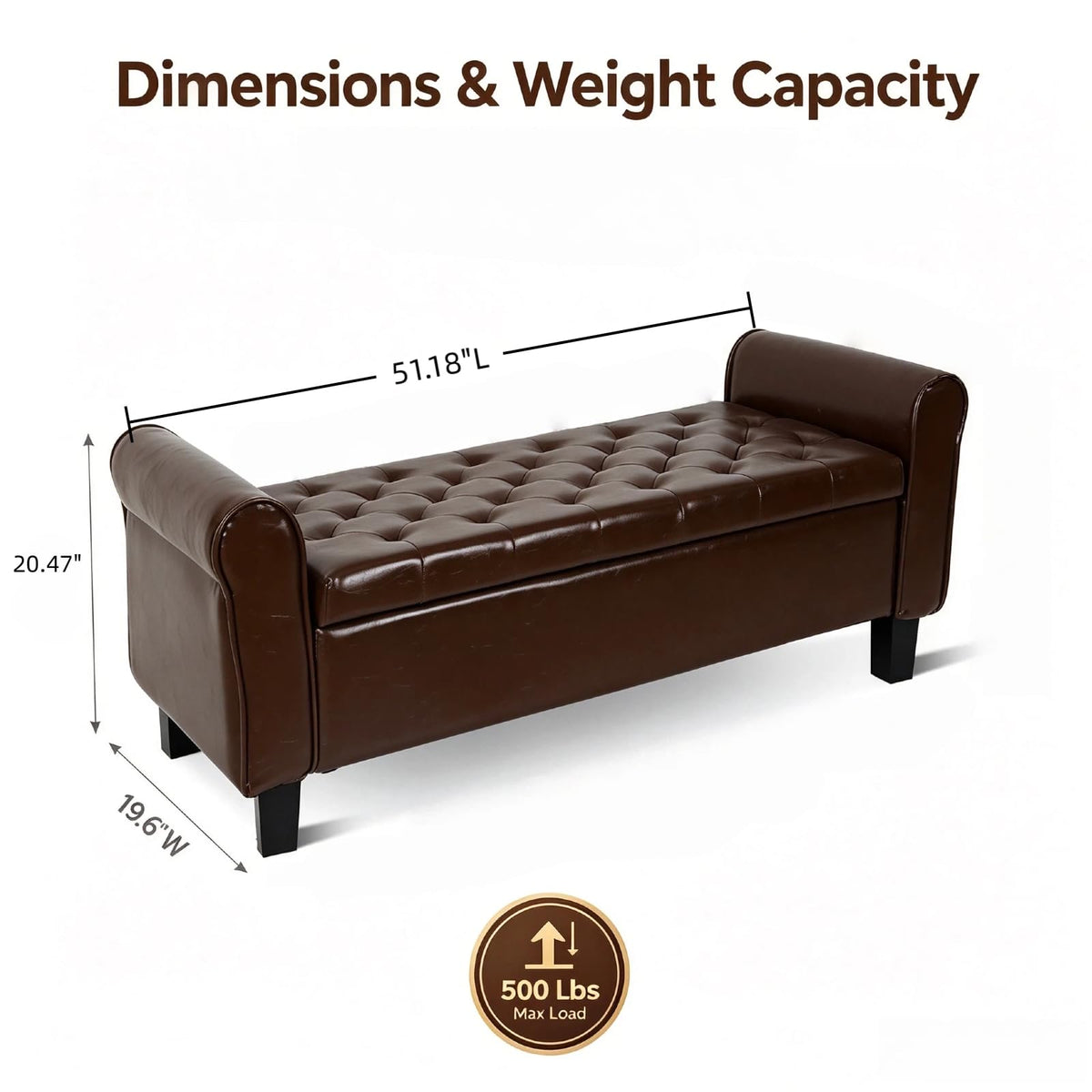 51 Inch Brown Faux Leather Storage Ottoman Bench with Rolled Armrests