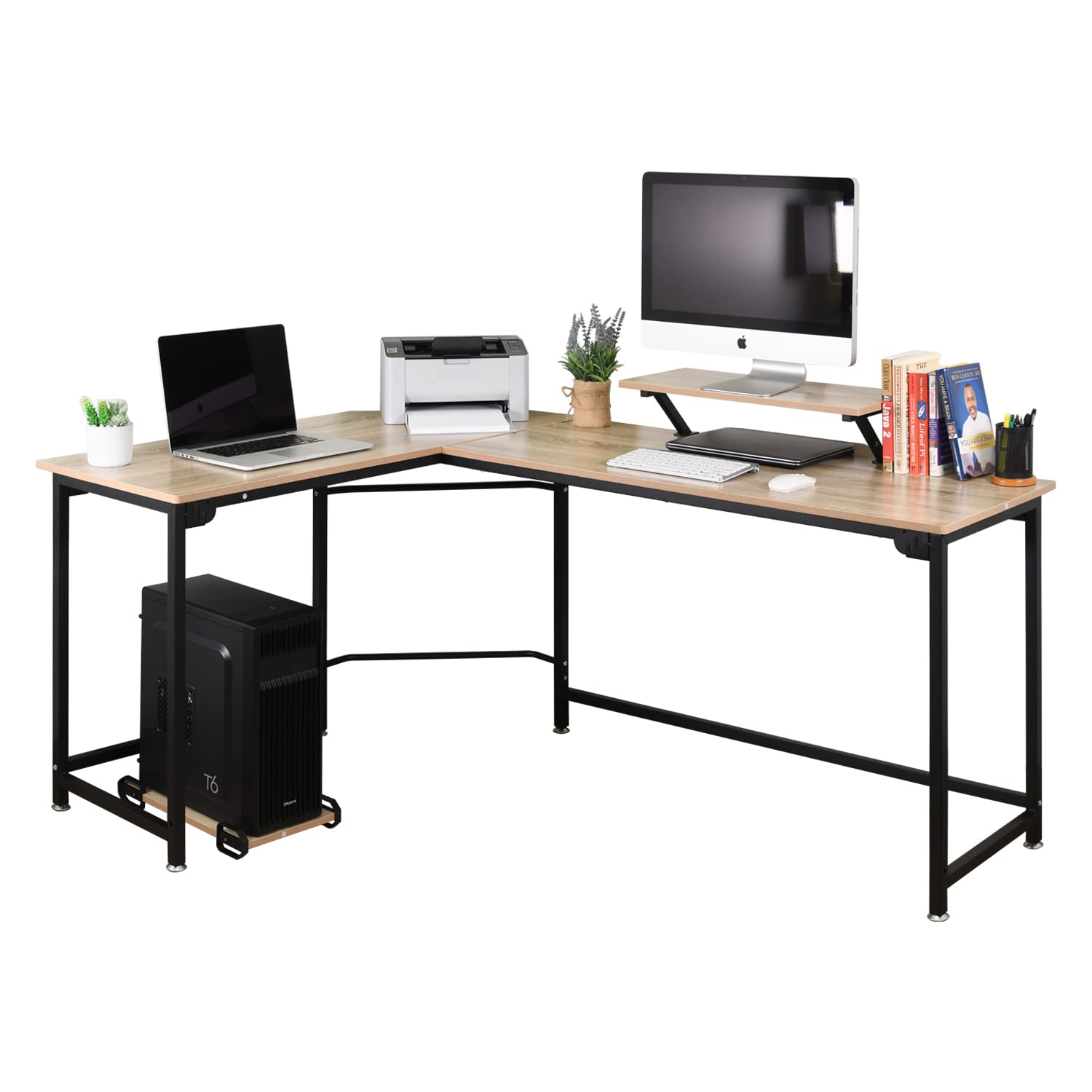 L-Shaped Computer Study Corner Desk with Monitor Stand Shelf CPU Stand, PC Laptop Gaming Desk 66” Workstation for Home Office Writing Table, Wood & Metal, Space-Saving