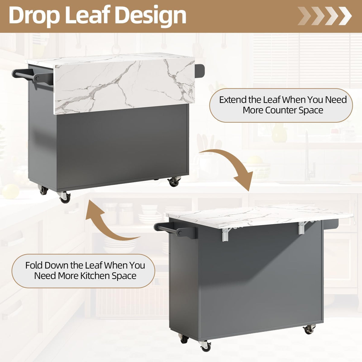 4 EVER WINNER 43" Kitchen Island with Drop Leaf, Rolling Kitchen Island