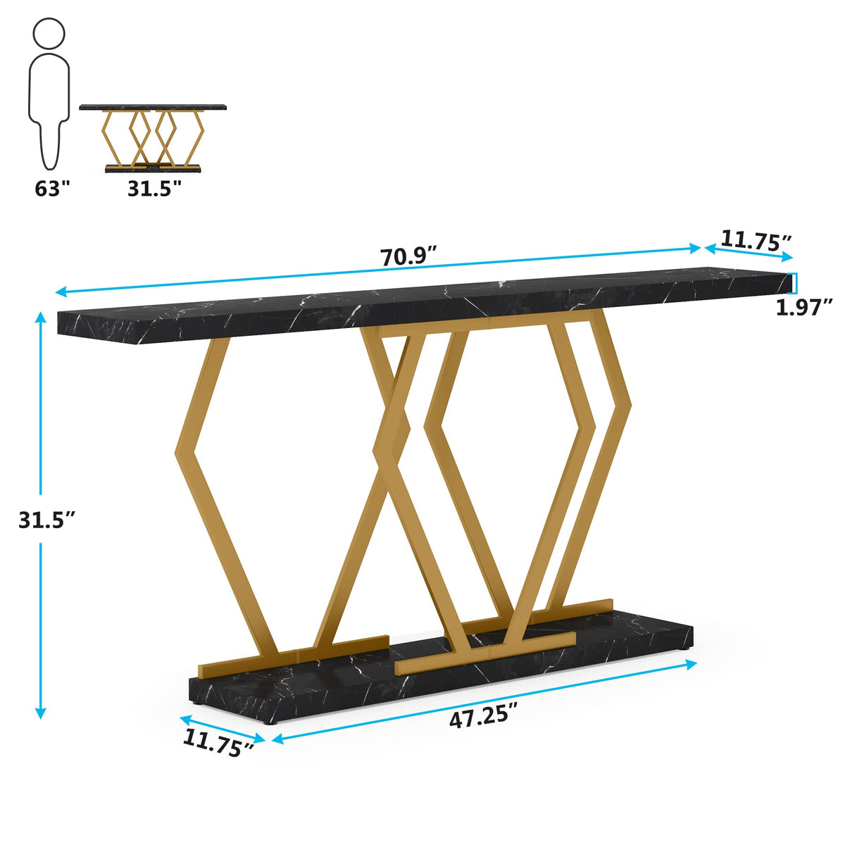 Black and Gold Faux Marble Console Table