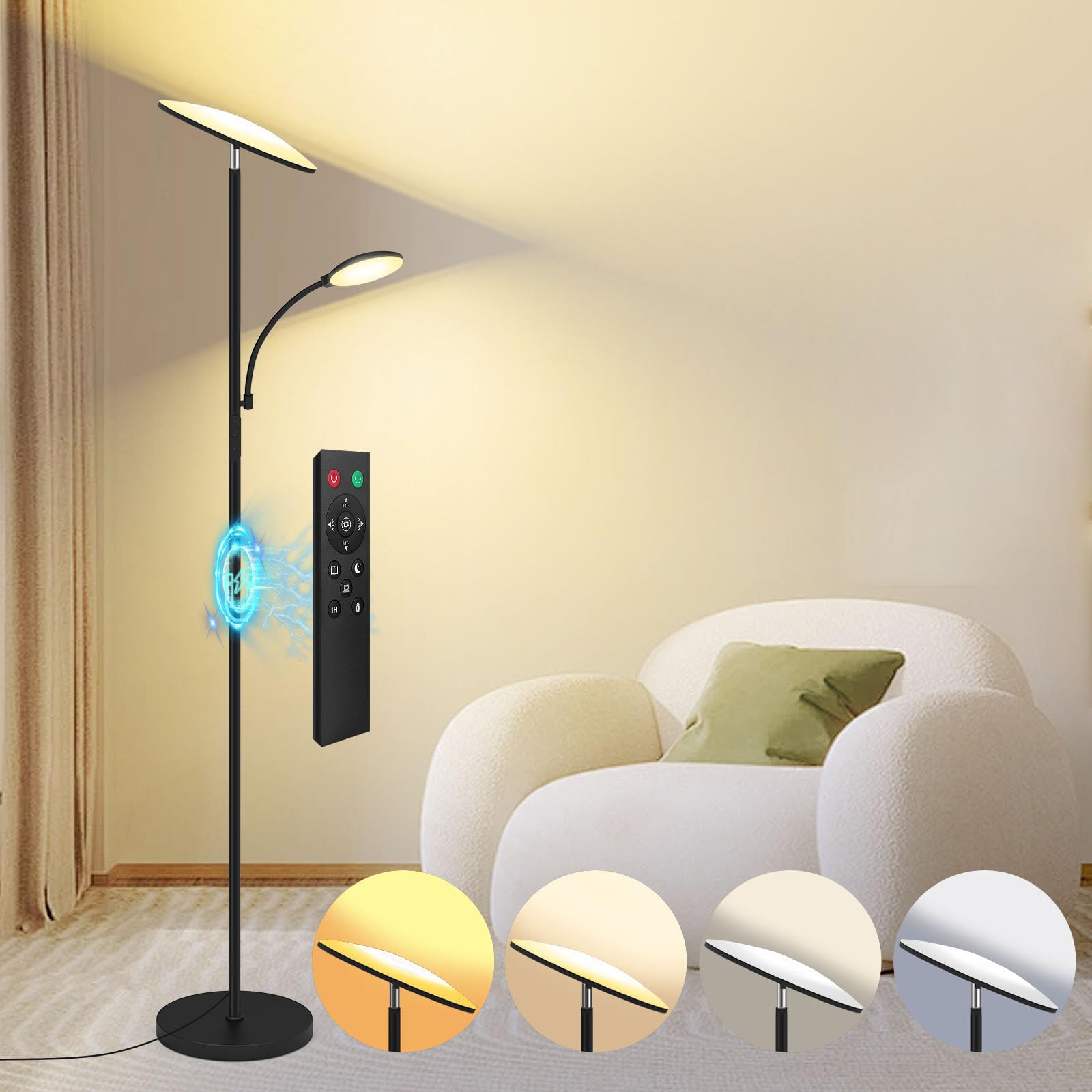 Floor Lamp, Upgraded 42W 4500LM Super Bright LED Floor Lamp with Rotatable Reading Light, Touch Remote Control & Memory Function, Stepless Dimmable Standing Lamp for Living Room Bedroom Office, Black