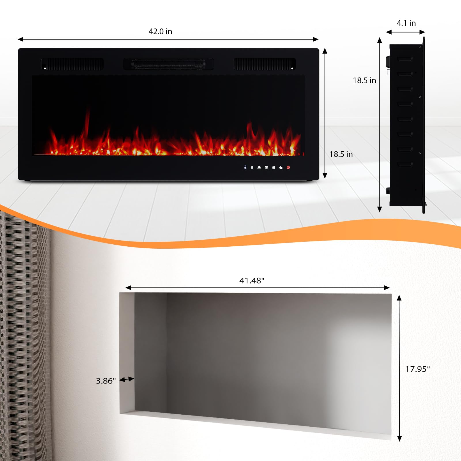 Wall Mounted & Recessed Electric Fireplace with Remote & App Control