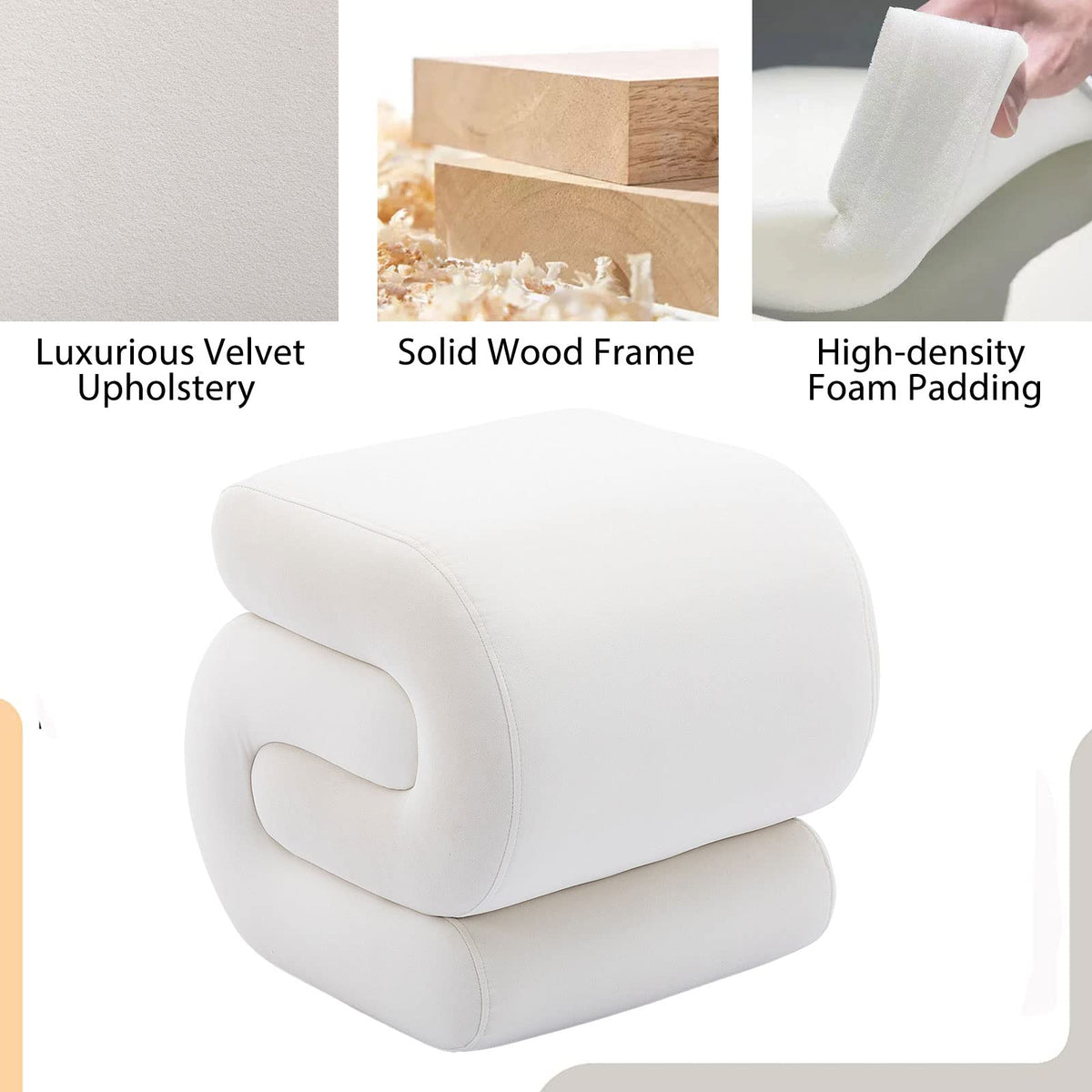 KIVENJAJA Velvet Vanity Stool, Modern S-Shaped Pouf Ottoman Footrest Makeup Chair Foot Stool Under Desk, Decorative Floor Seat for Makeup Room, Bedroom, Living Room (Velvet, Beige)