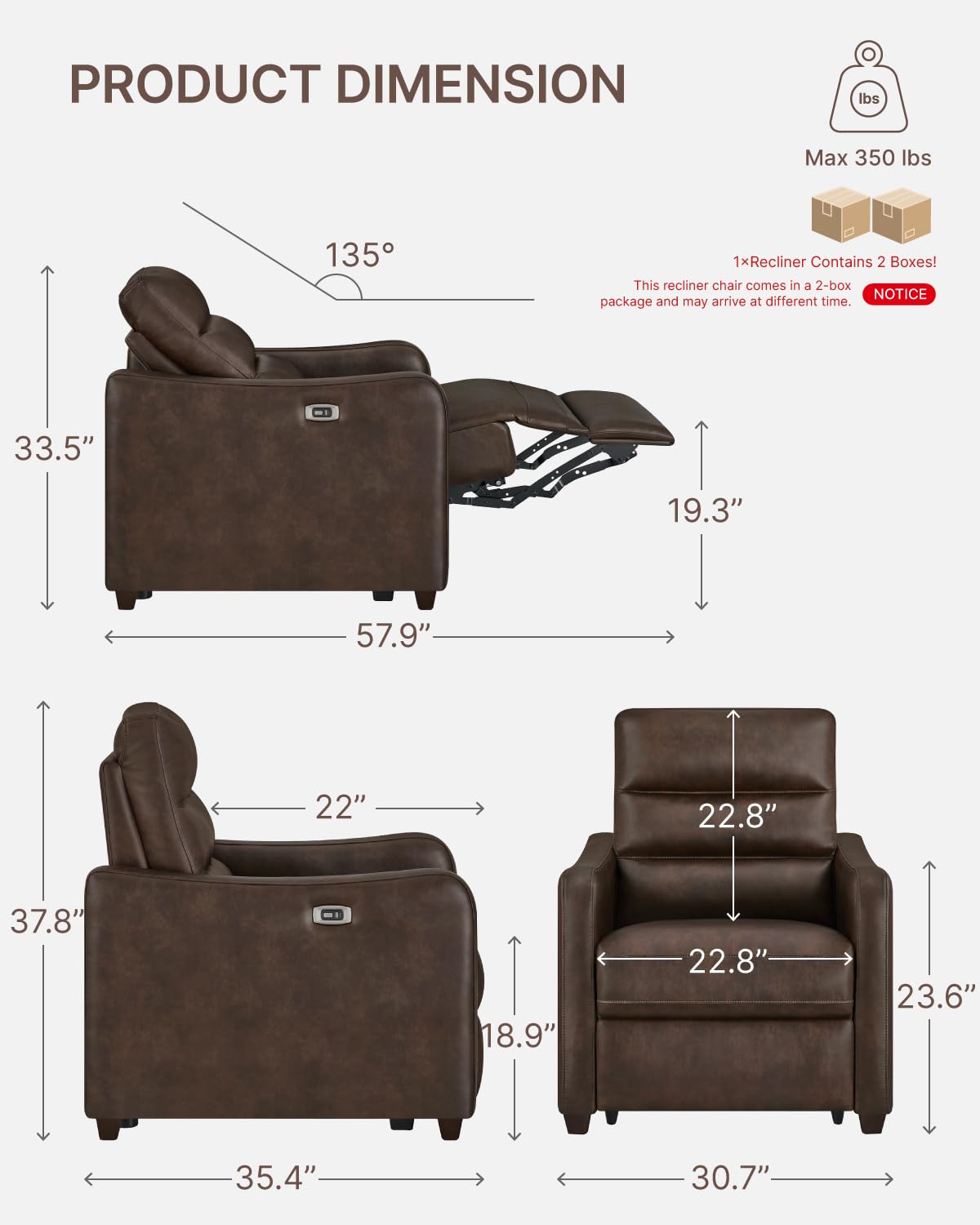 KISLOT Zero Wall Hugger Recliner Chair, Power Reclining Armchair, Espresso