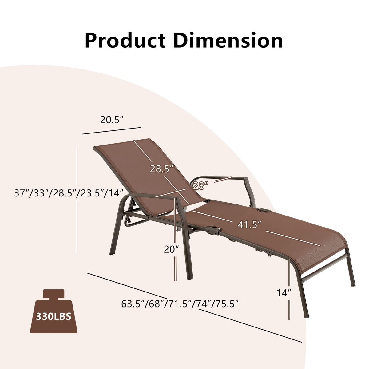 GIANTEX Set of 2 Outdoor Chaise Lounge Chair, Patio Stack-able Folding Lounger with 5-Level Adjustable Backrest, Steel Frame, Outside Recliner for Poolside, Backyard Sunbathing Chair (2, Brown)