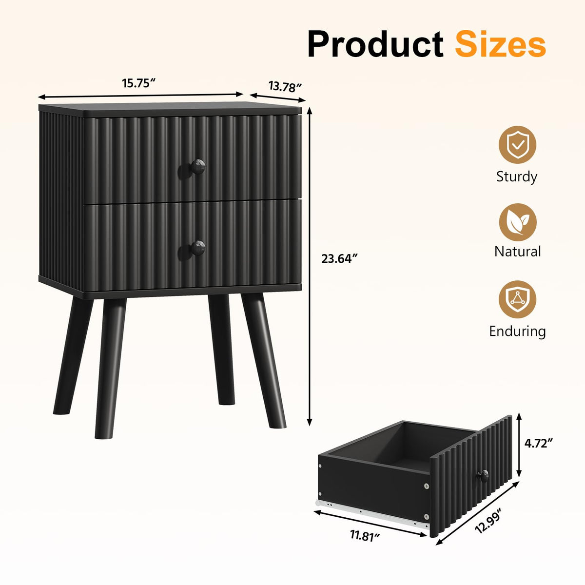 Gacfiew Wooden Nightstand with 2 Drawers, Fluted Night Stand Set of 2, Morden Side Table for Bedroom, Living Room and Small Space, Black