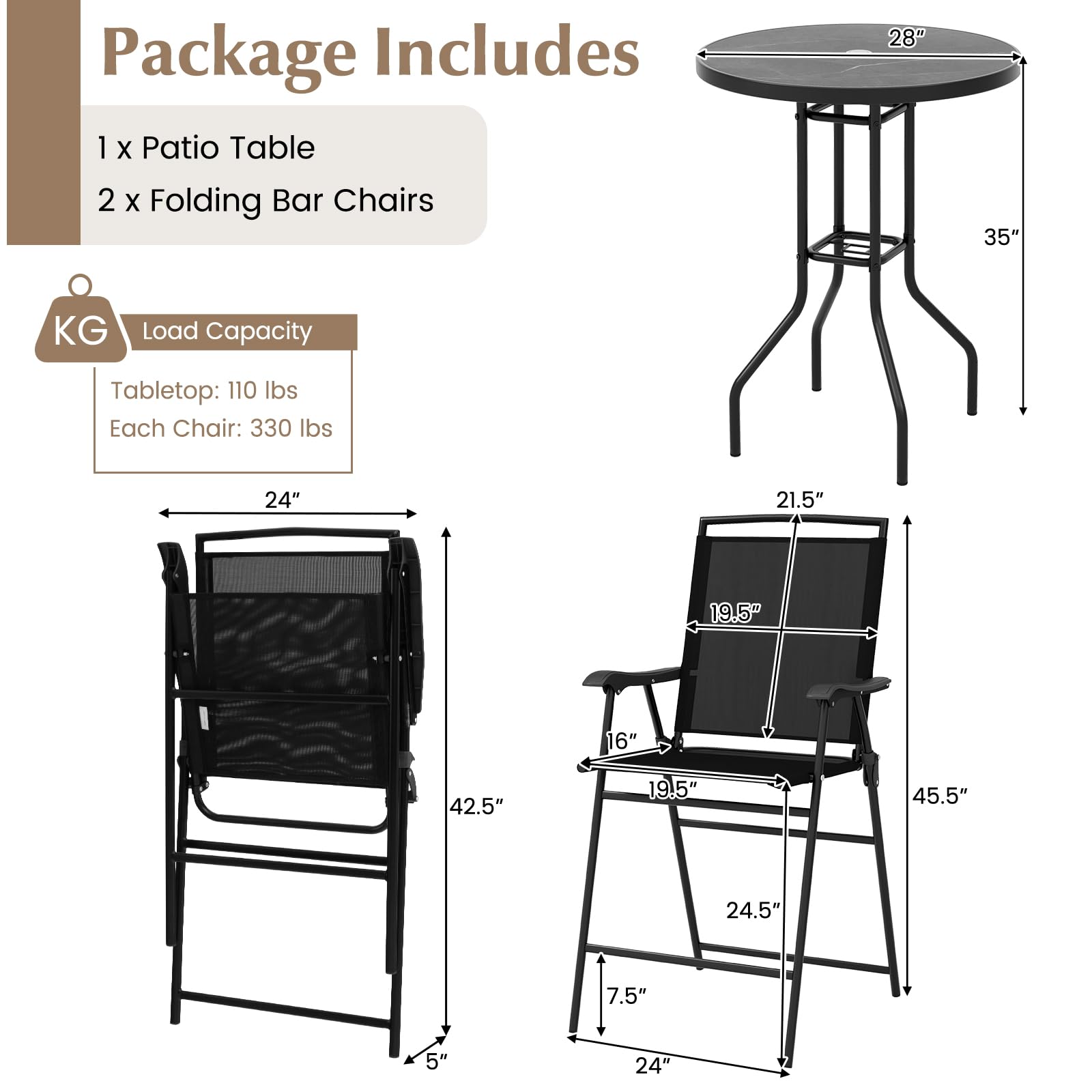 3-Piece Outdoor Patio Bar Set with Round Table & Folding Counter Height Chairs