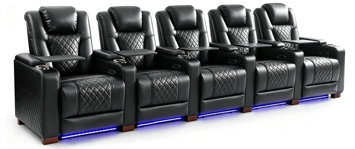 MBBMW Home Theater Seating, 5 Seat Power Recliner Sofa, Large Faux Leather Movie Couch with Adjustable Headrest, Ambient LED Lighting, USB Ports, Cup Holders and Hidden Arm Storage for Living Room