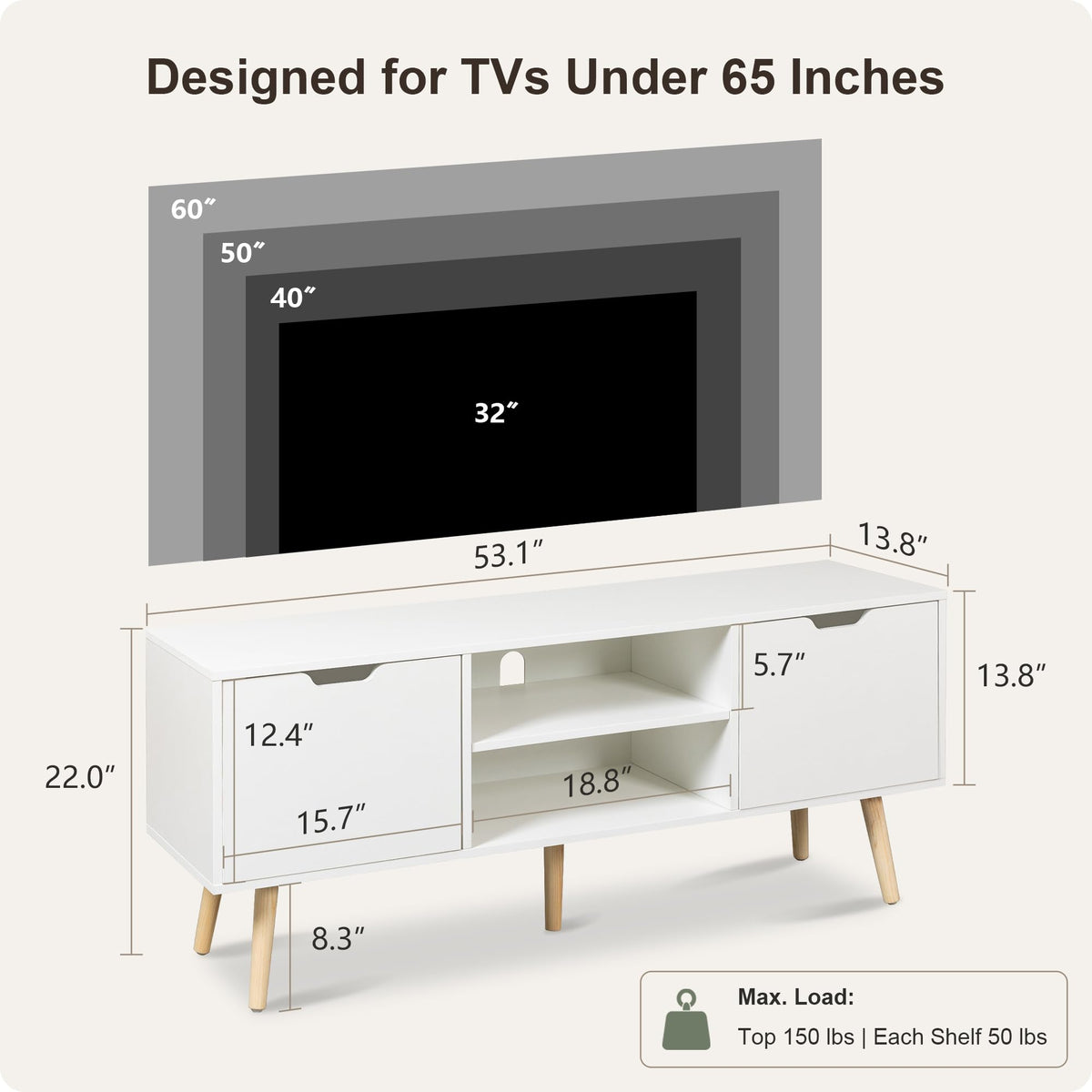 Sylunawyn White TV Stand for 50 55 60+ Inch TVs, Modern TV Console with Storage Cabinets, Open Shelves and Solid Wood Legs, Entertainment Center Media Console, TV Stands for Living Room