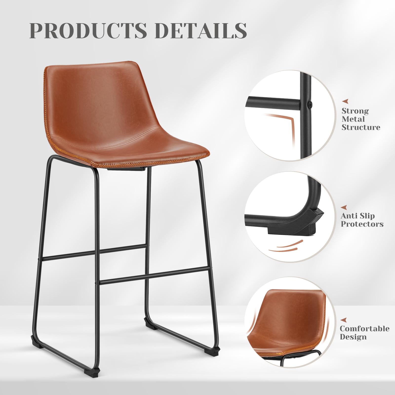 Counter Height Bar Stools Set of 2 – Brown Faux Leather, Metal Legs