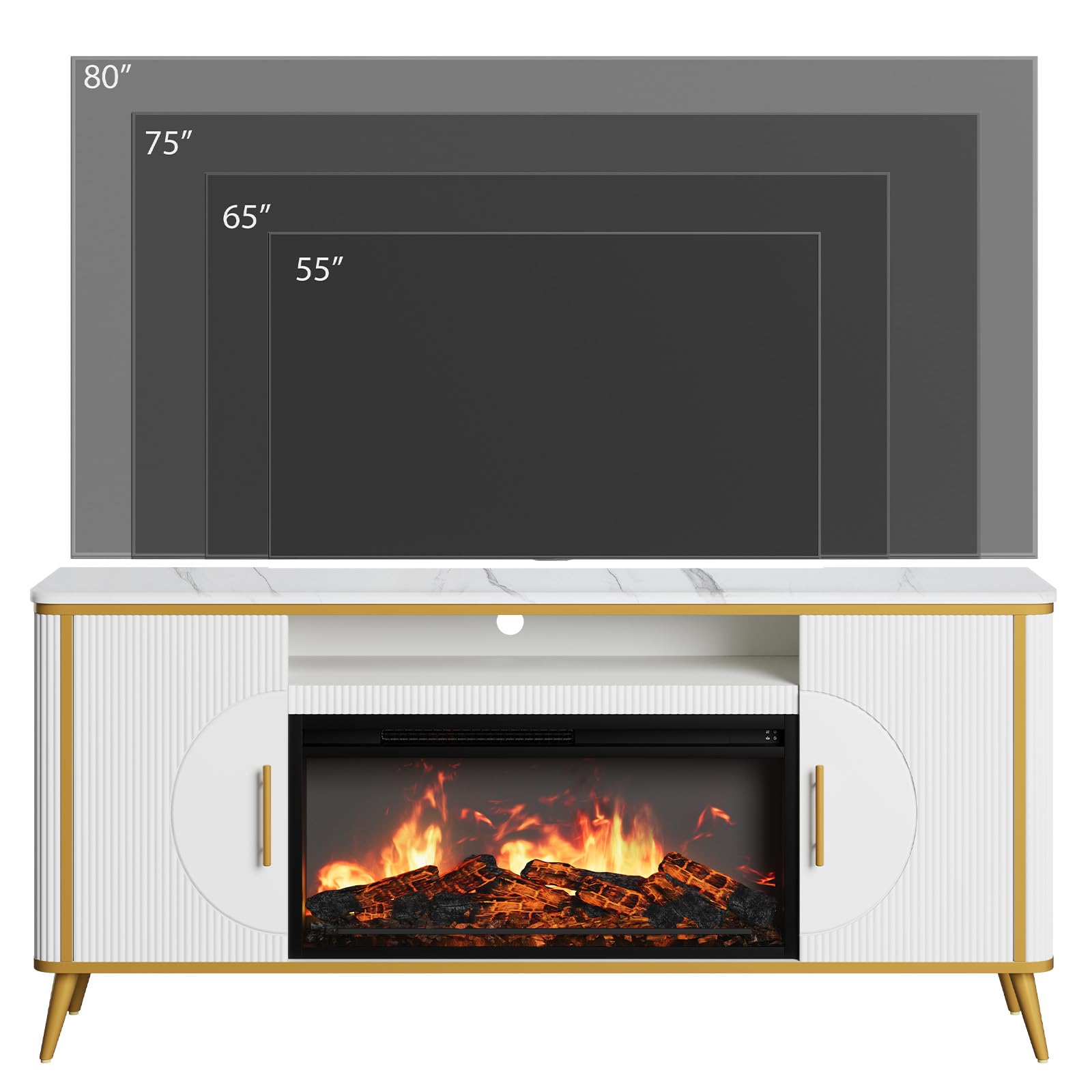 Fluted Fireplace TV Stand Up to 80" TVs, Modern Entertainment Center with 30" Electric Fireplace, Luxury Media Console with Adjustable Shelves for Living Room, White