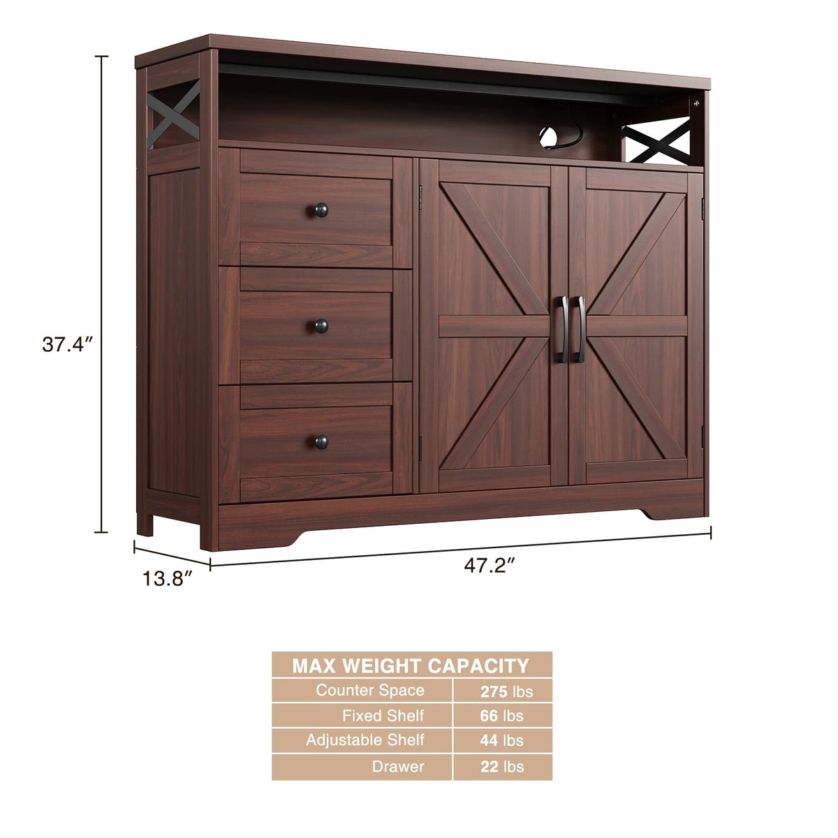 Dark Brown Farmhouse Storage Cabinet with Doors & Drawers