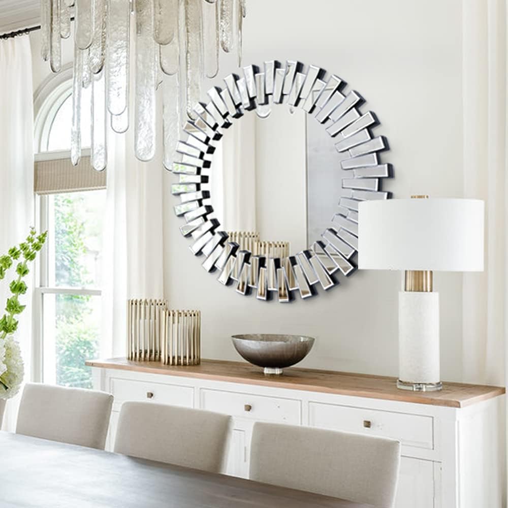 Round Sunburst Wall Mirror with Beveled Glass Frame