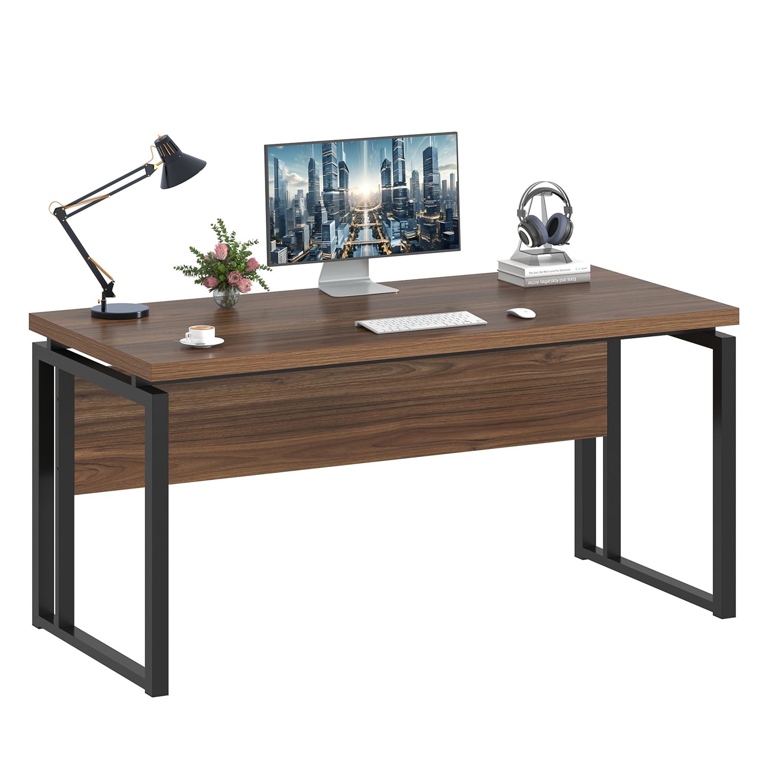 EXCEFUR Home Office Desk, Modern Computer Desk for Workstation, Wood Metal Executive PC Laptop Study Writing Table for Living Room, 53 Inch, Rustic Walnut